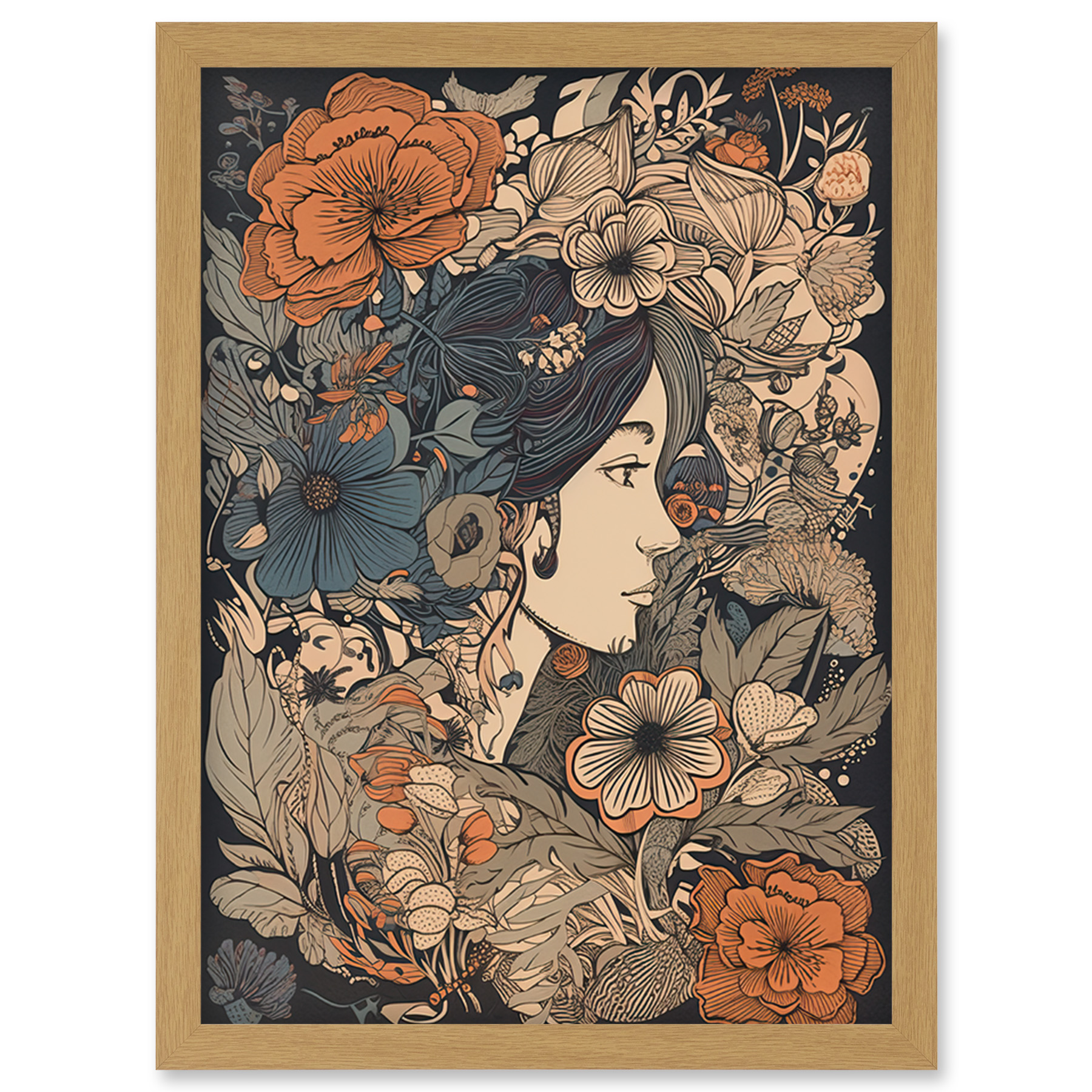 Woman Floral Profile Portrait Boho Art Nouveau Framed Wall Art Picture Print A4
