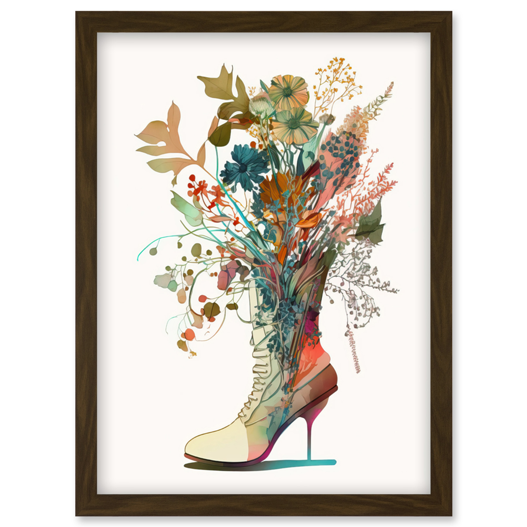 Wildflower Bouquet in a Stiletto Heel Combat Boot Framed Art Picture Print A4