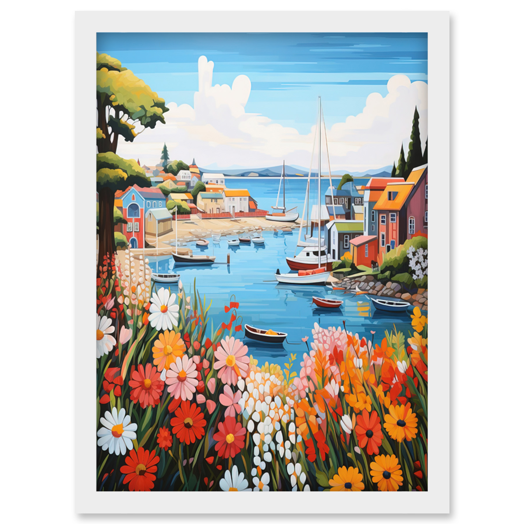 Idyllic Scenic Seaside Fishing Village Bright Floral Harbor Framed Art Print A4