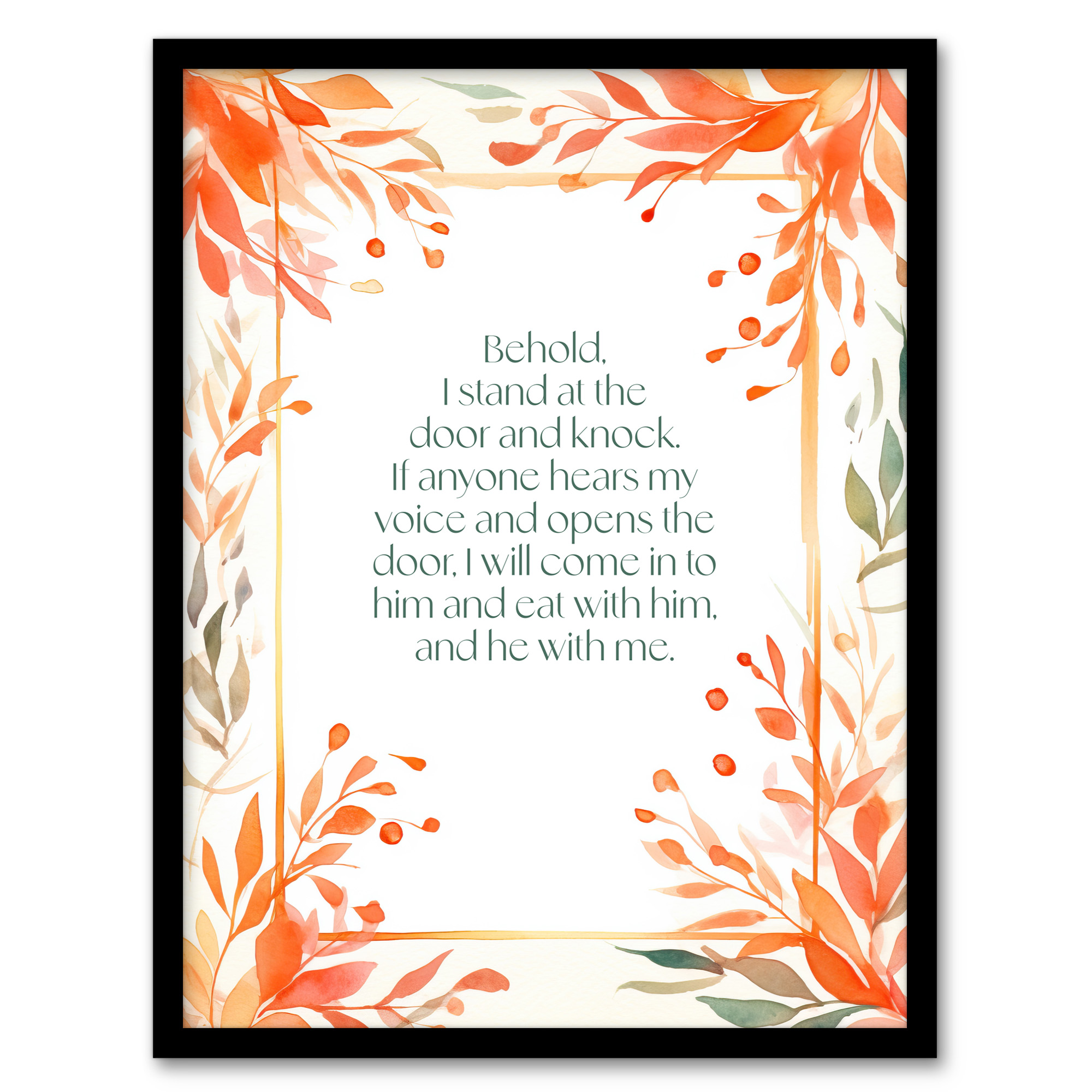 Behold Stand at Door and Knock Orange Christian Bible Quote Art Poster Print