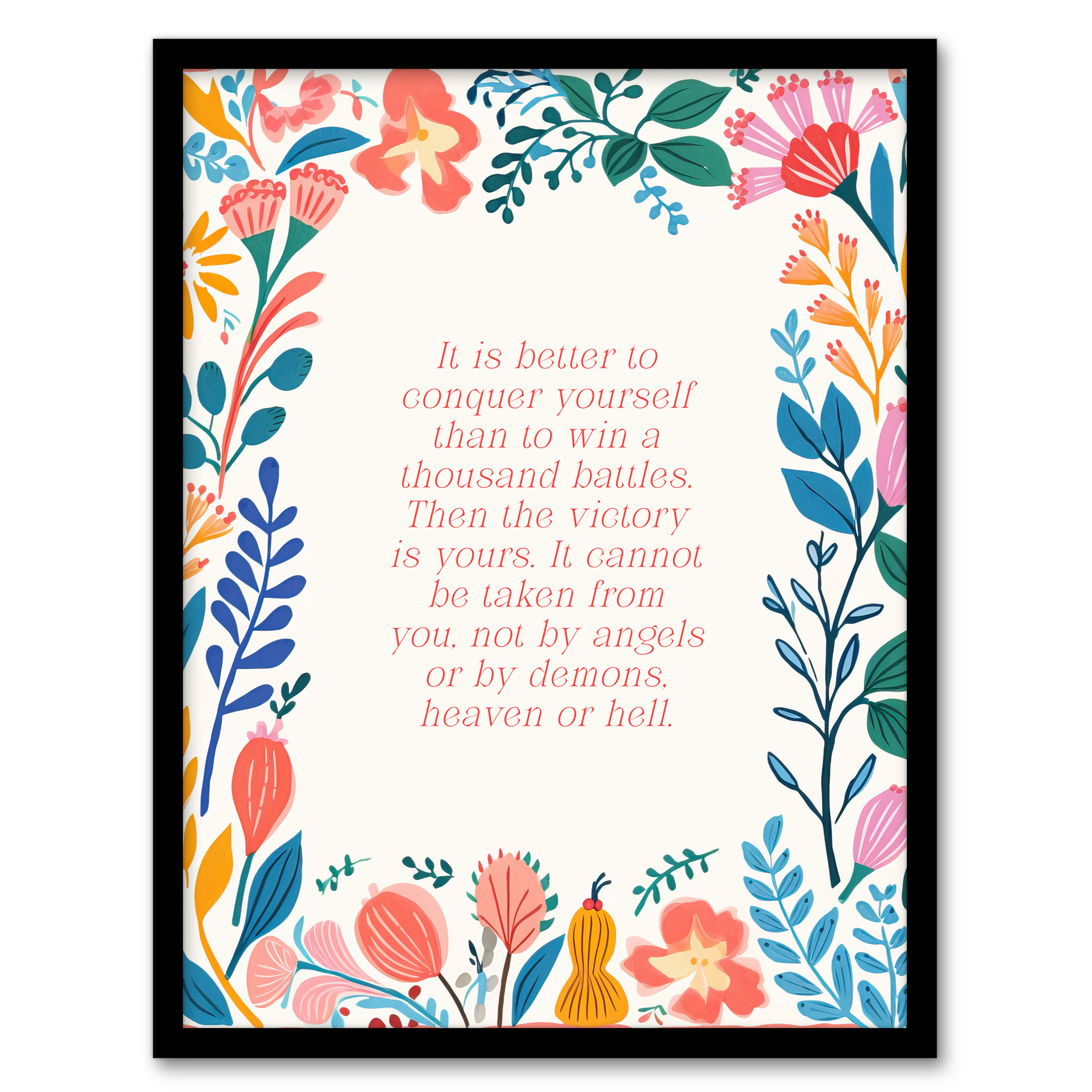 Conquer Yourself Buddhist Mindfulness Quote Floral Buddha Wall Art Poster Print