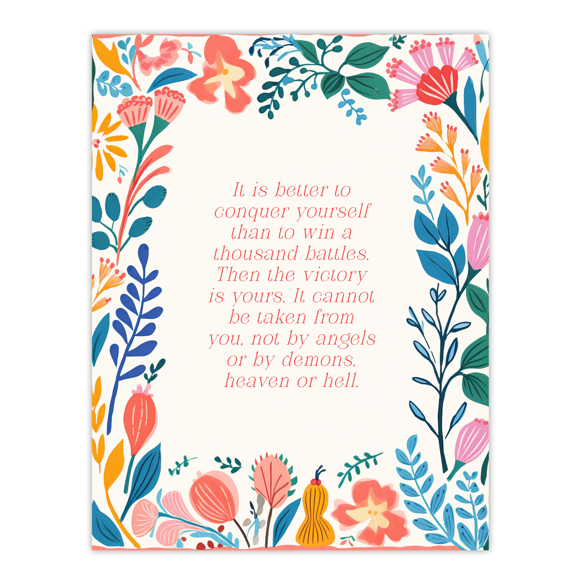 Conquer Yourself Buddhist Mindfulness Quote Floral Buddha Wall Art Poster Print