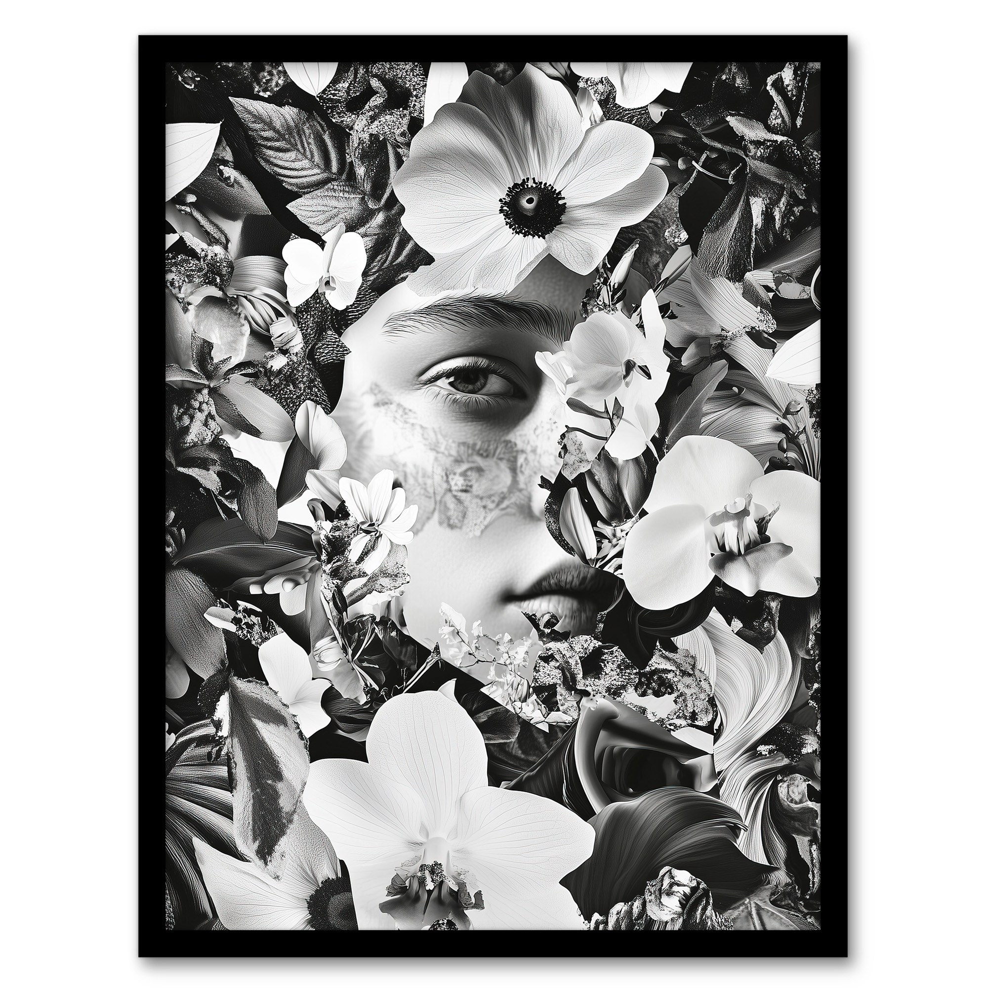 Spring Face Flower Blooms Black White Collage Wall Art Poster Print