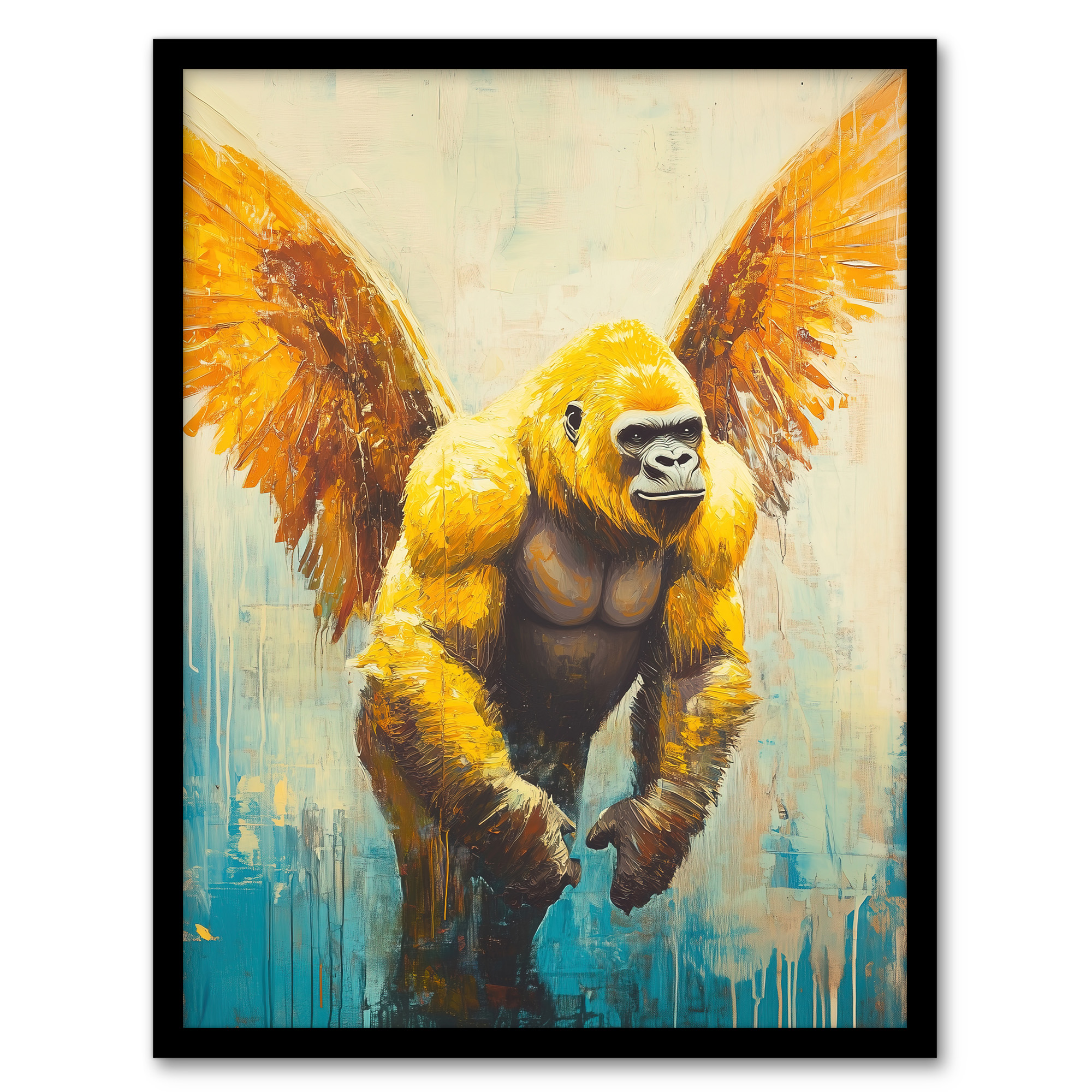 Golden Yellow Gorilla Angel Wings Oil Painting Wall Art Poster Print
