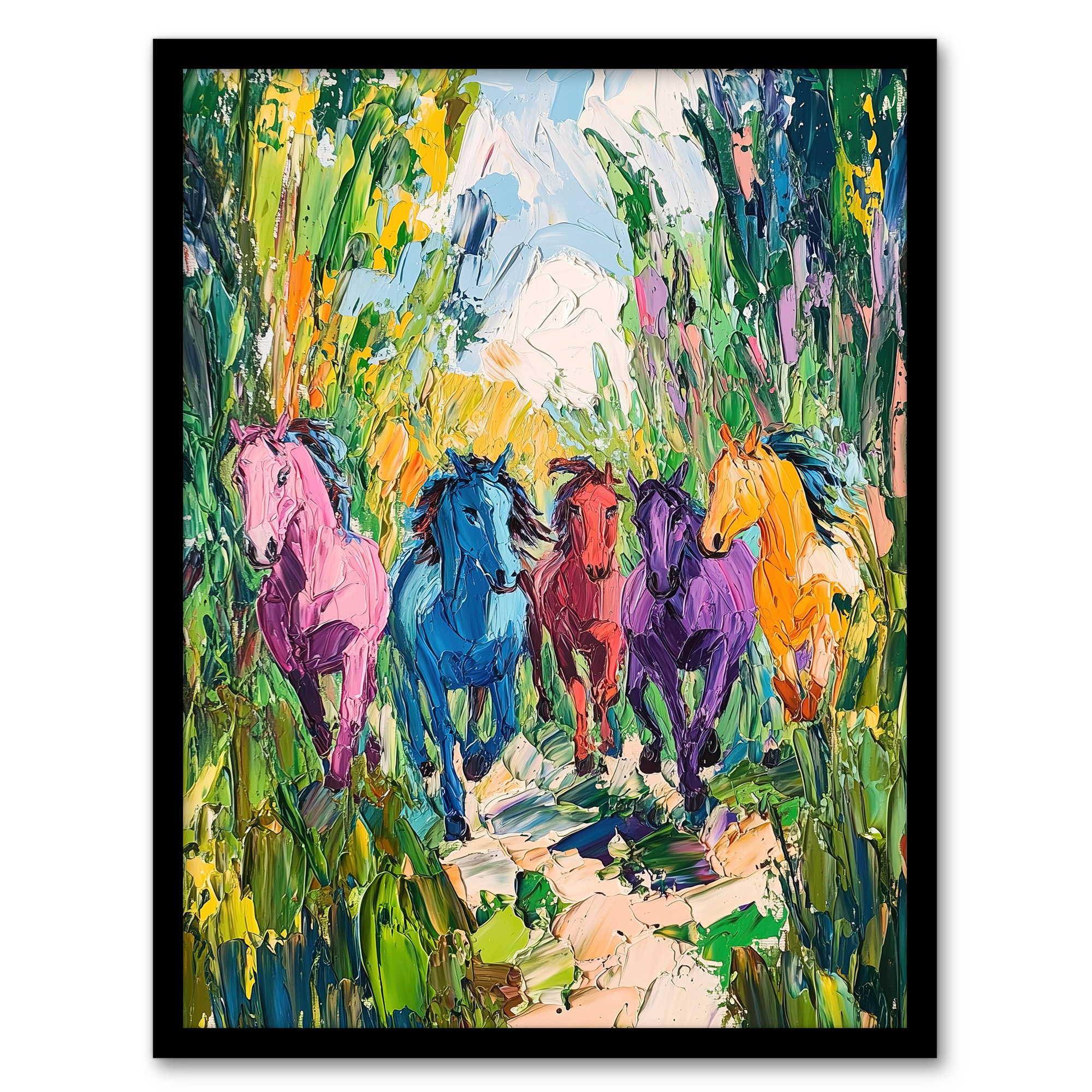 Colourful Horses Running Through Forest Abstract Wall Art Poster Print