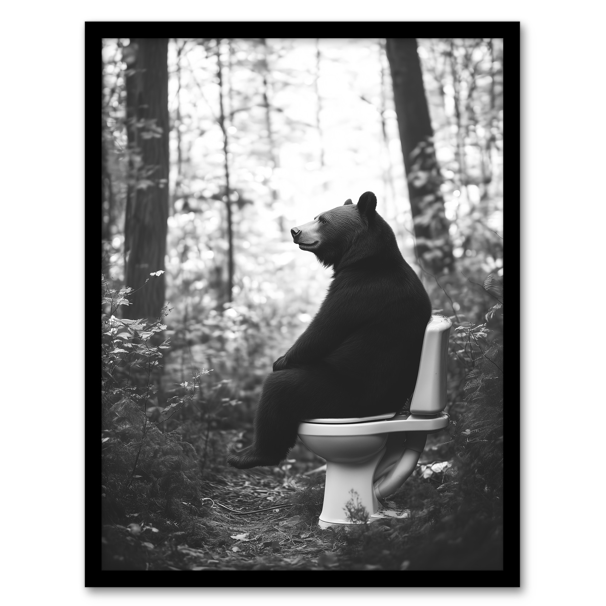 Grizzly Bear Toilet Black White Forest Landscape Wall Art Poster Print