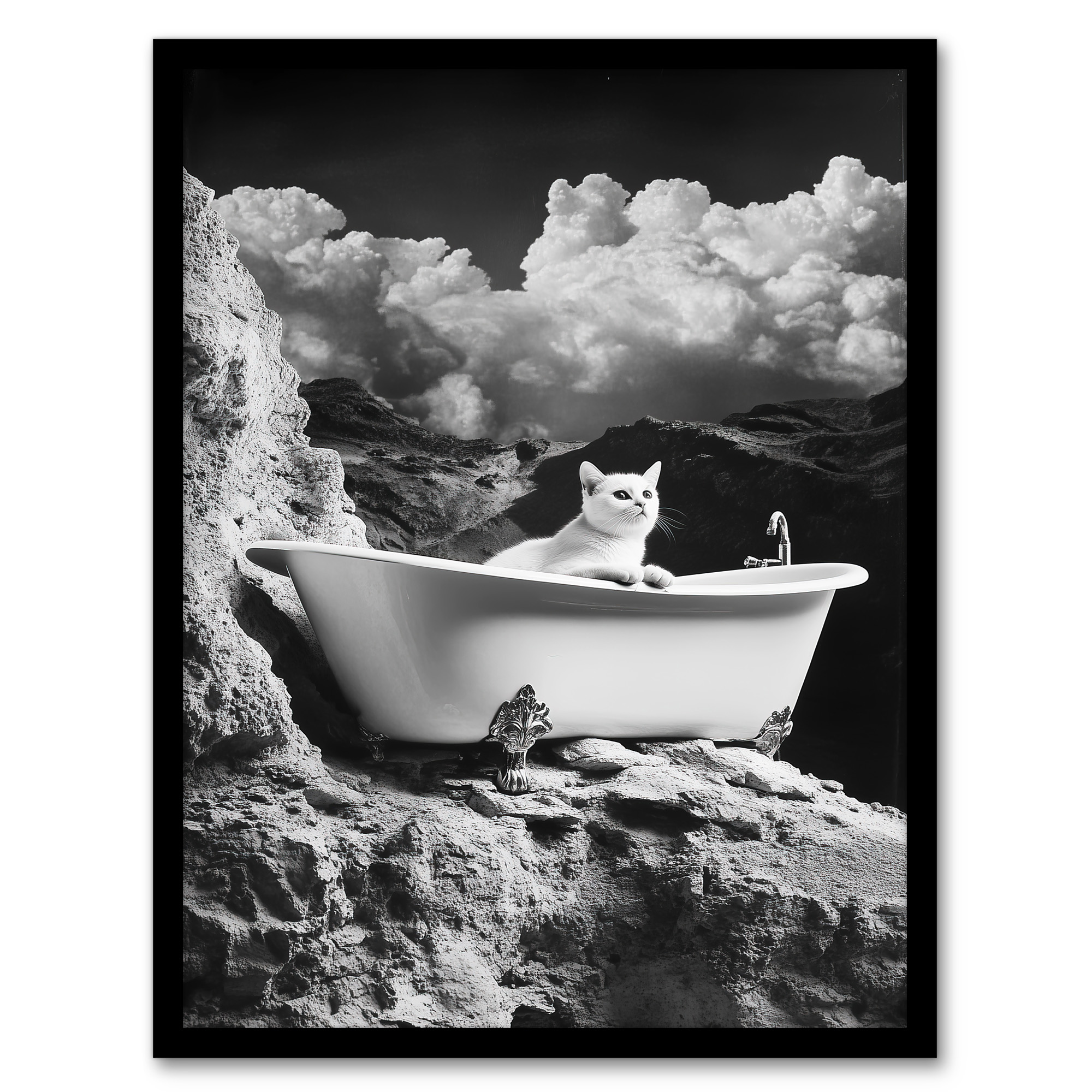 Cat Lover Pet Bathtub on Mountain Cliff Surreal Wall Art Poster Print