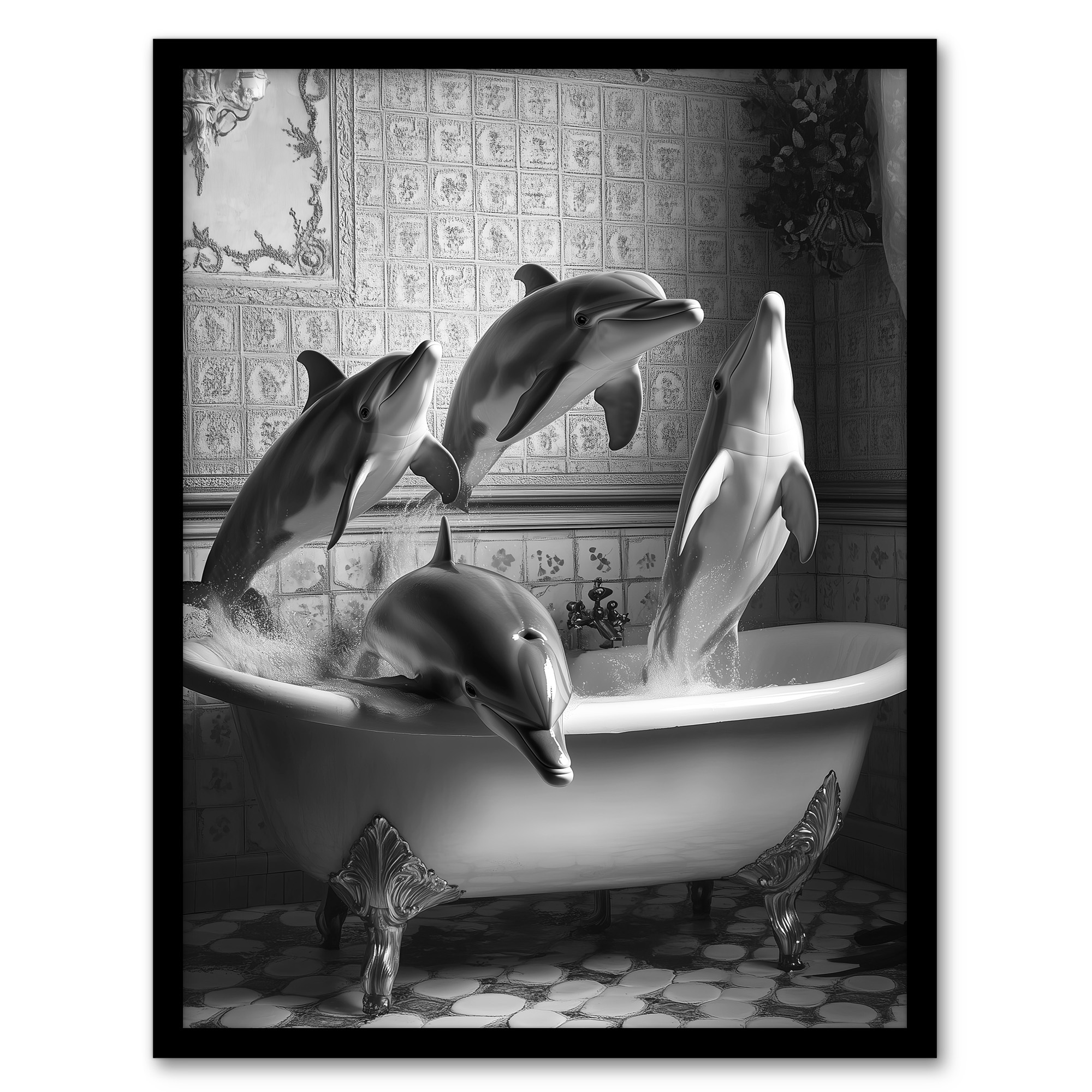 Dolphins Playing in Bathtub Black White Surreal Wall Art Poster Print