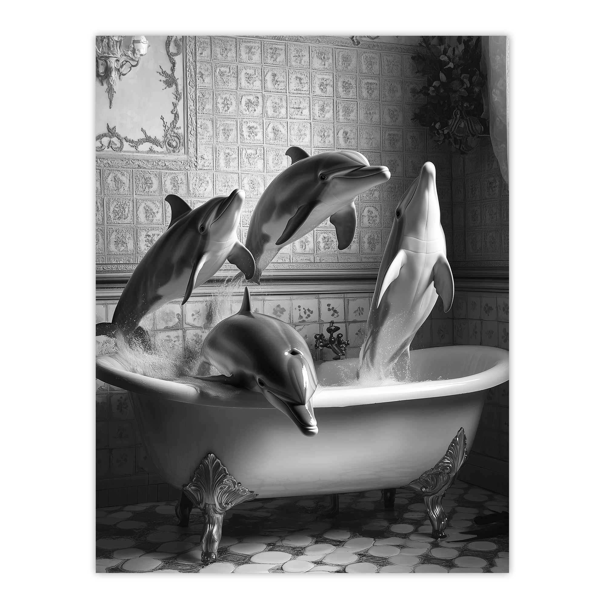 Dolphins Playing in Bathtub Black White Surreal Wall Art Poster Print