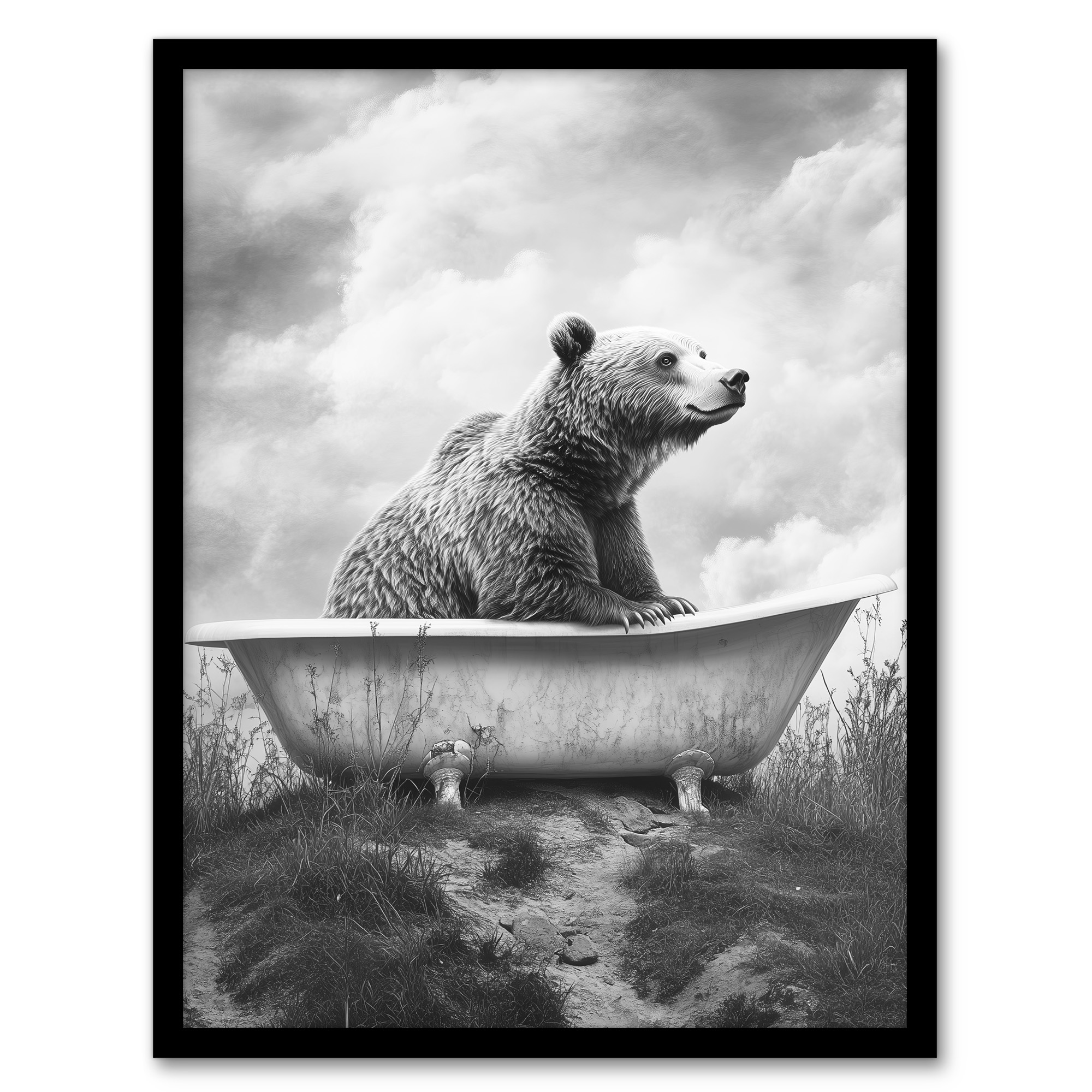 Bear Bath in Mountain Bathtub Black White Surreal Wall Art Poster Print