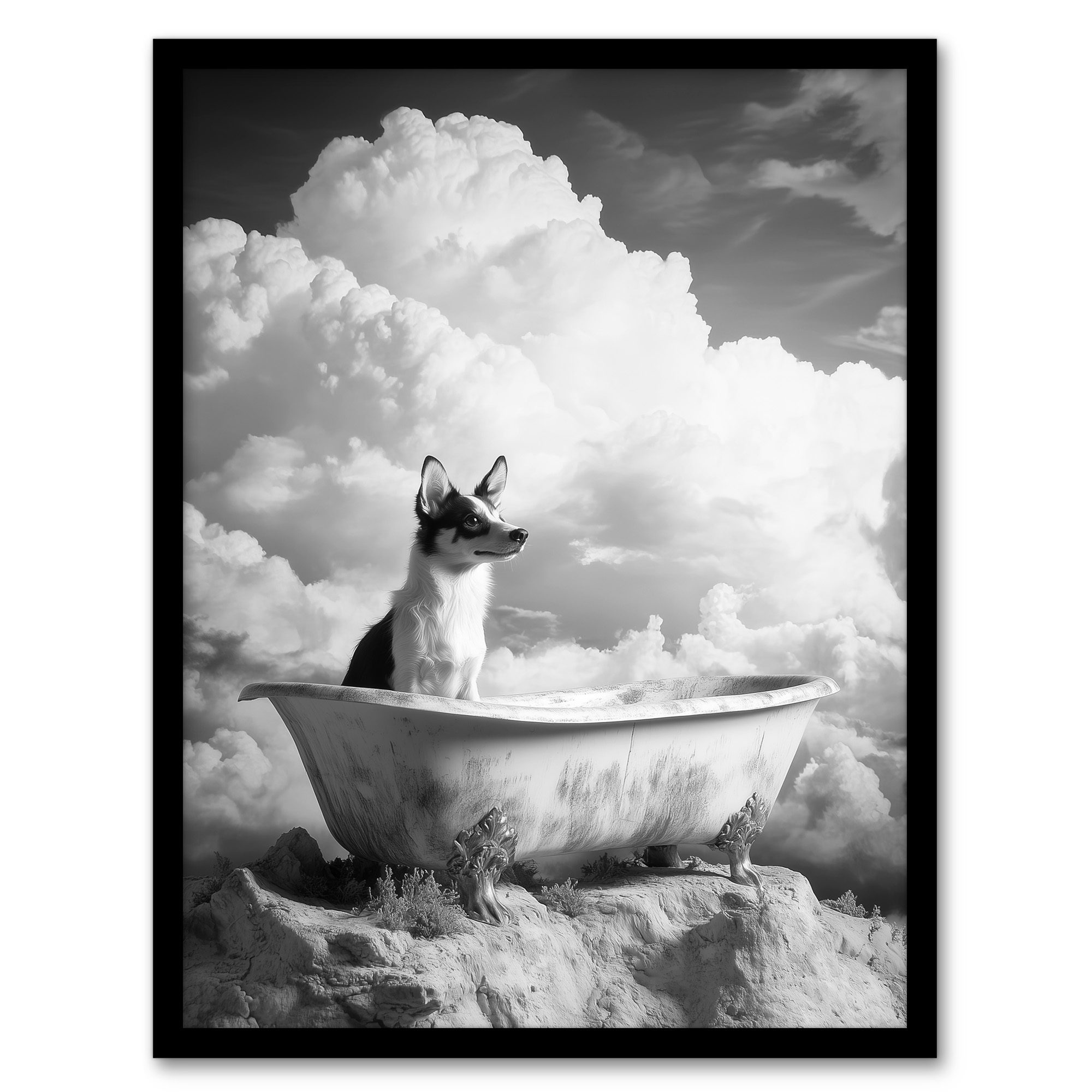 Puppy Bathtub on Mountain Peak Surreal Dog Lover Wall Art Poster Print