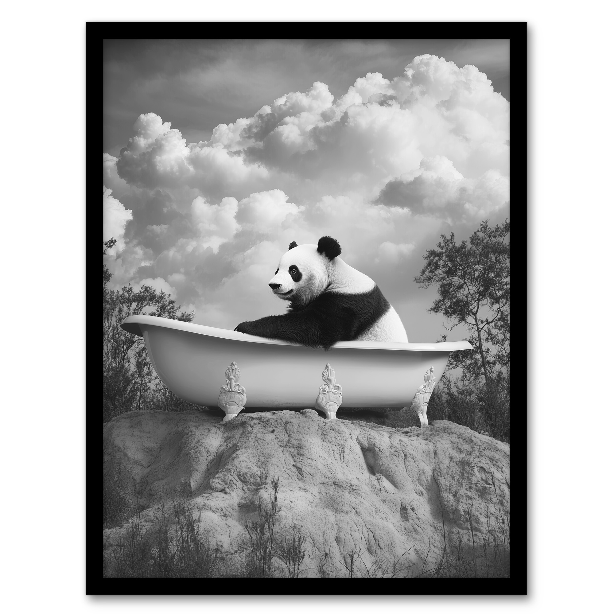 Panda Bear in Elegant Bathtub Black White Surreal Wall Art Poster Print