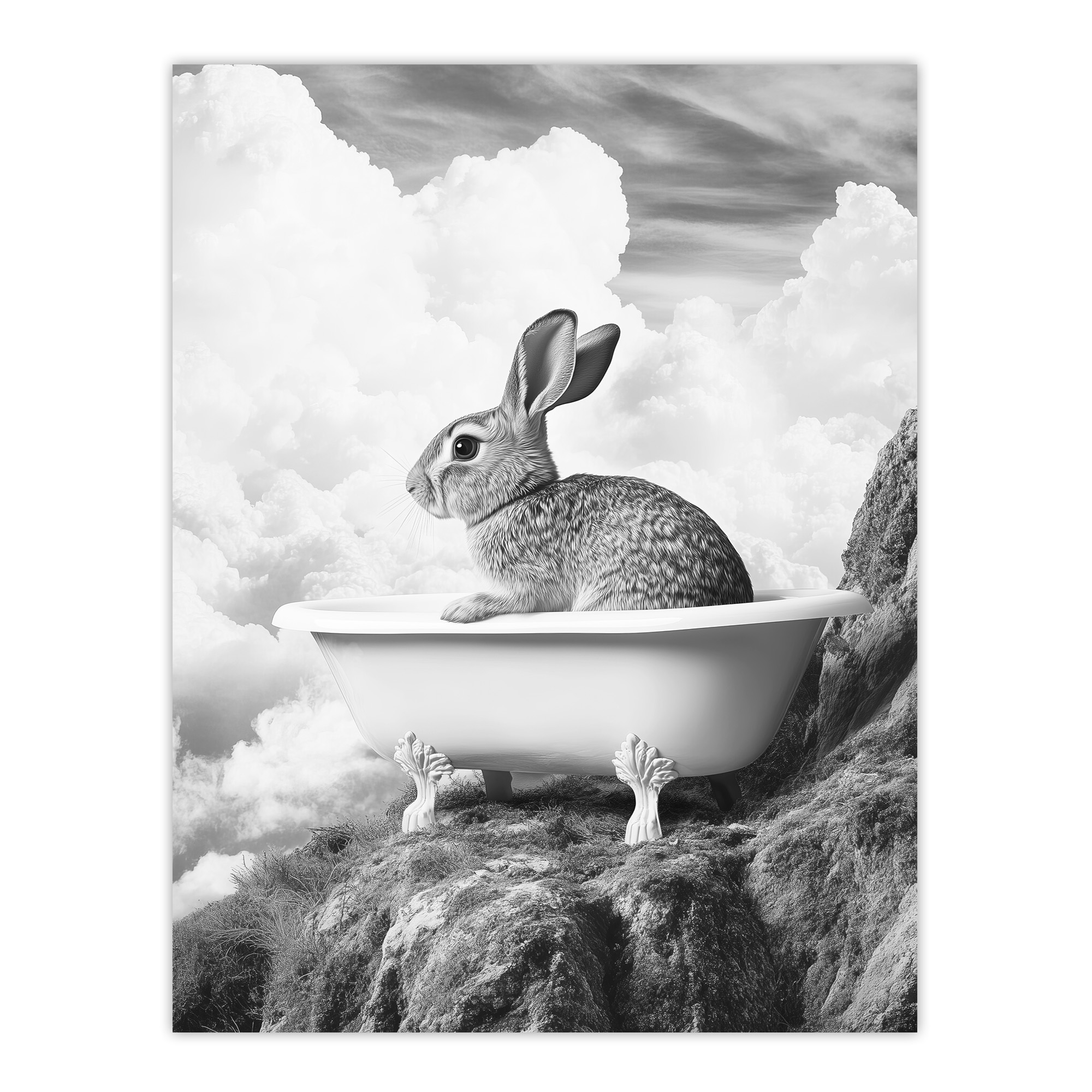 Cute Bunny Rabbit in Bathtub Black White Surreal Wall Art Poster Print