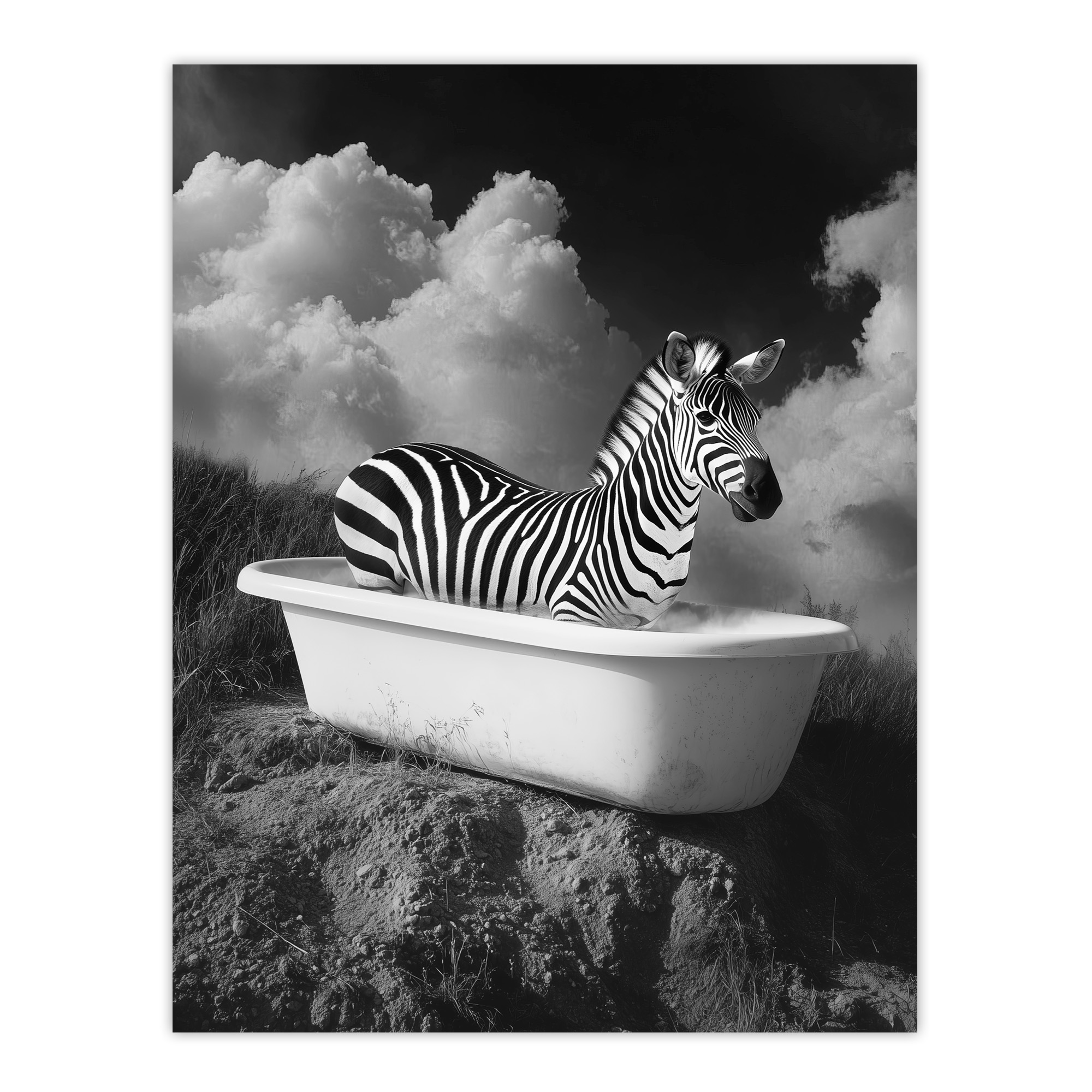 Zebra Bath Time in Bathtub Black White Surreal Wall Art Poster Print