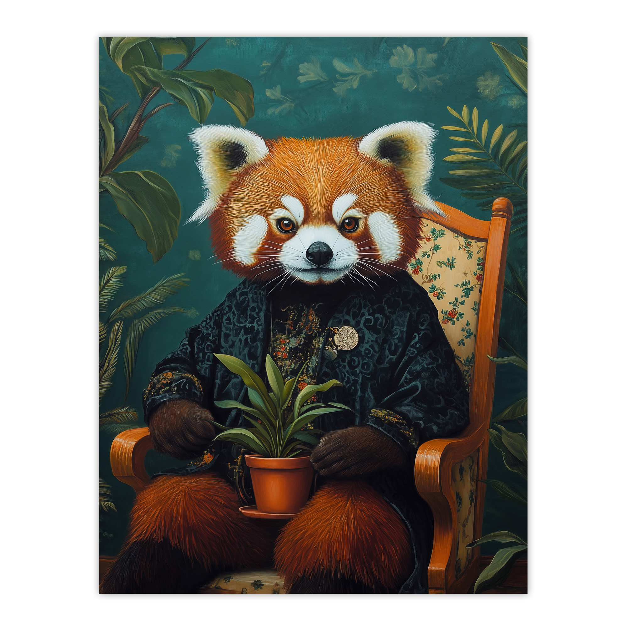 Plant Lover Red Panda Kimono Surreal Portrait Wall Art Poster Print