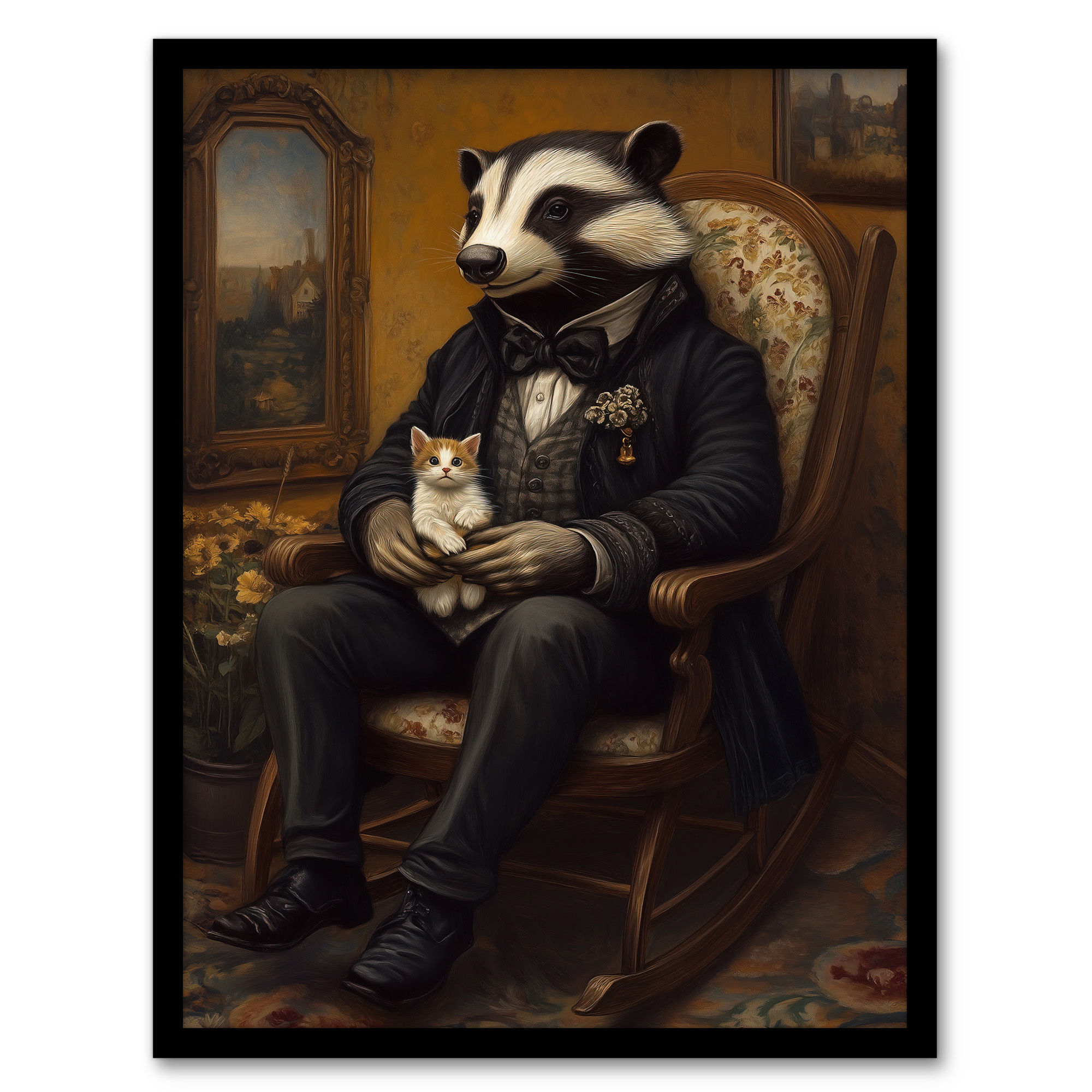 Victorian Badger with Kitten on Rocking Chair Wall Art Poster Print