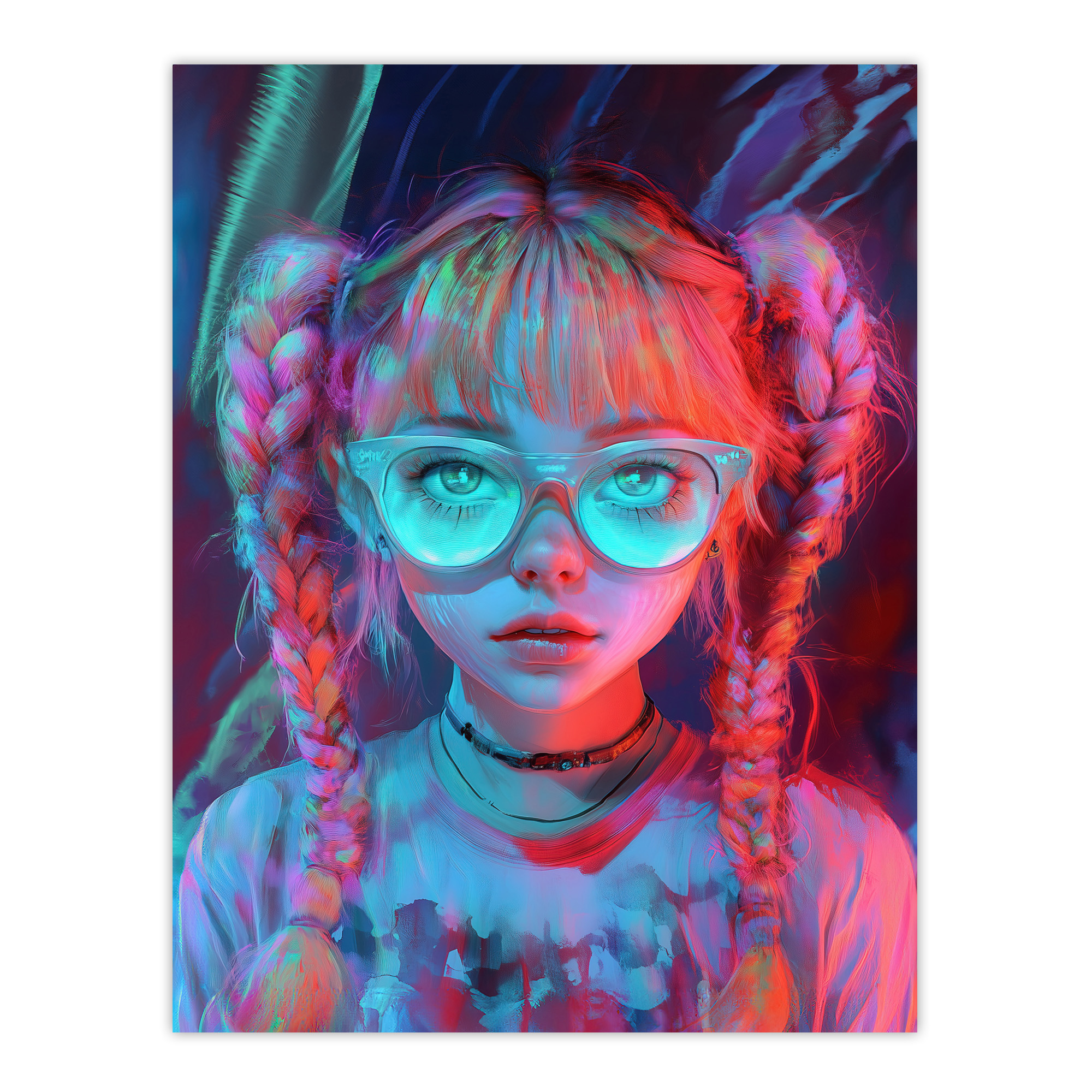 Nerdy Girl Braid Pigtails Glasses Neon Pink Blue Wall Art Poster Print