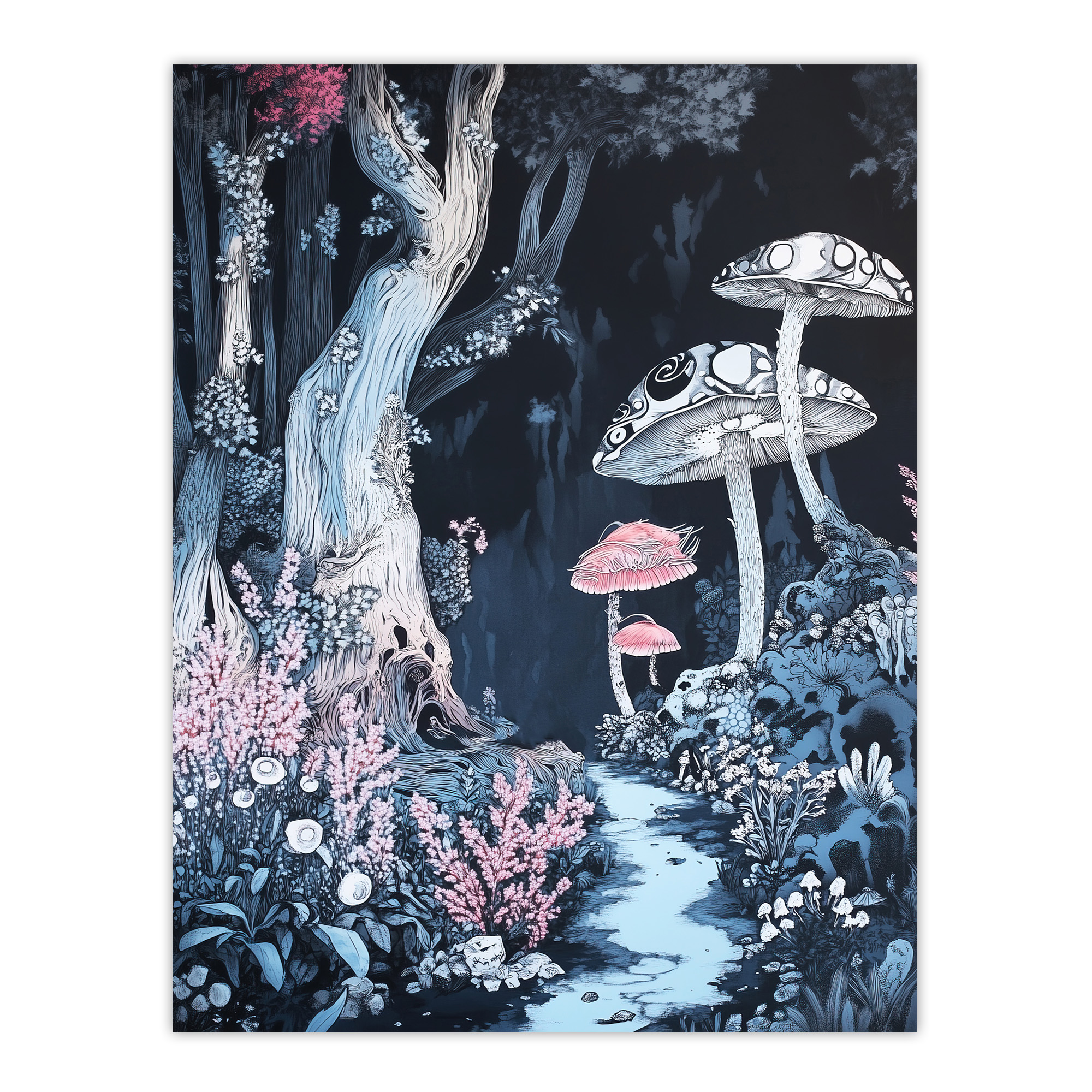 Magical Forest Mushroom Wildflower Path Fantasy Wall Art Poster Print