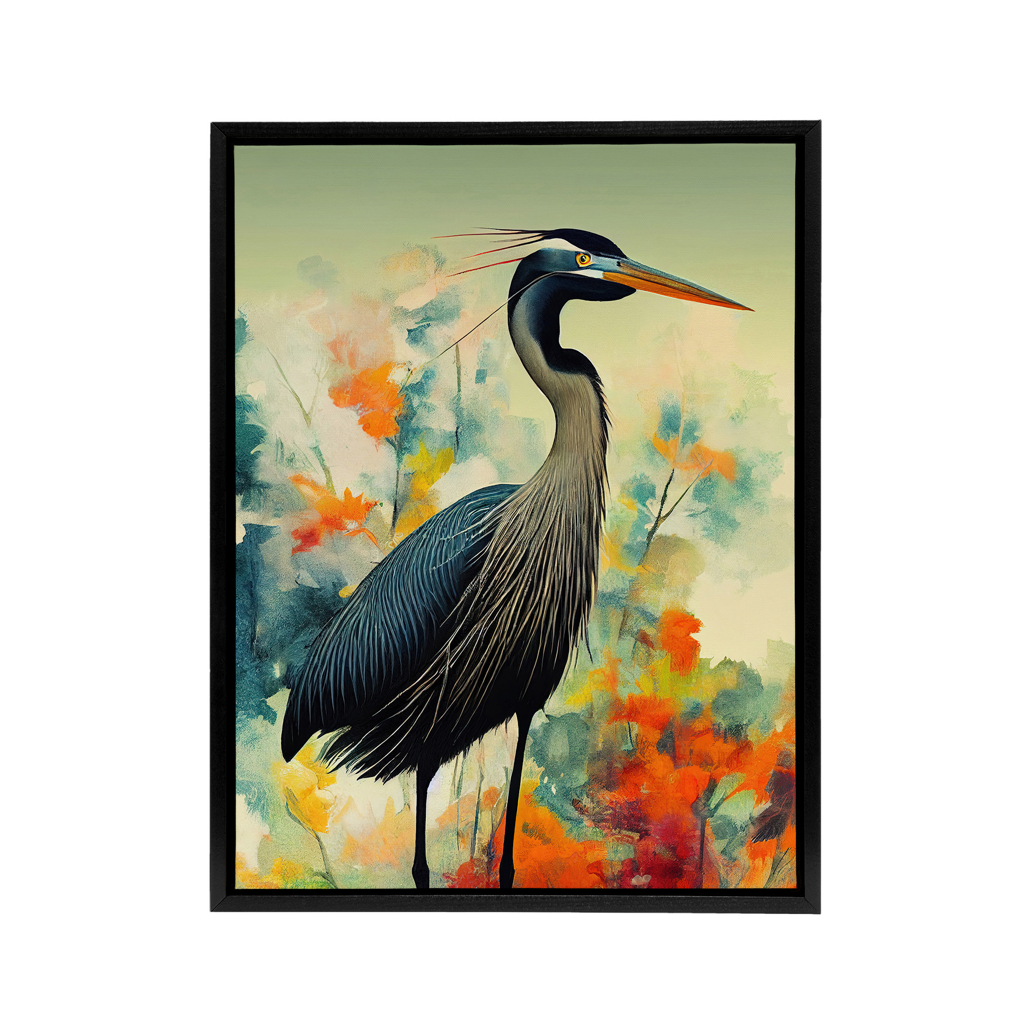 Heron Bird In Flower Field Framed Canvas Wall Art Print
