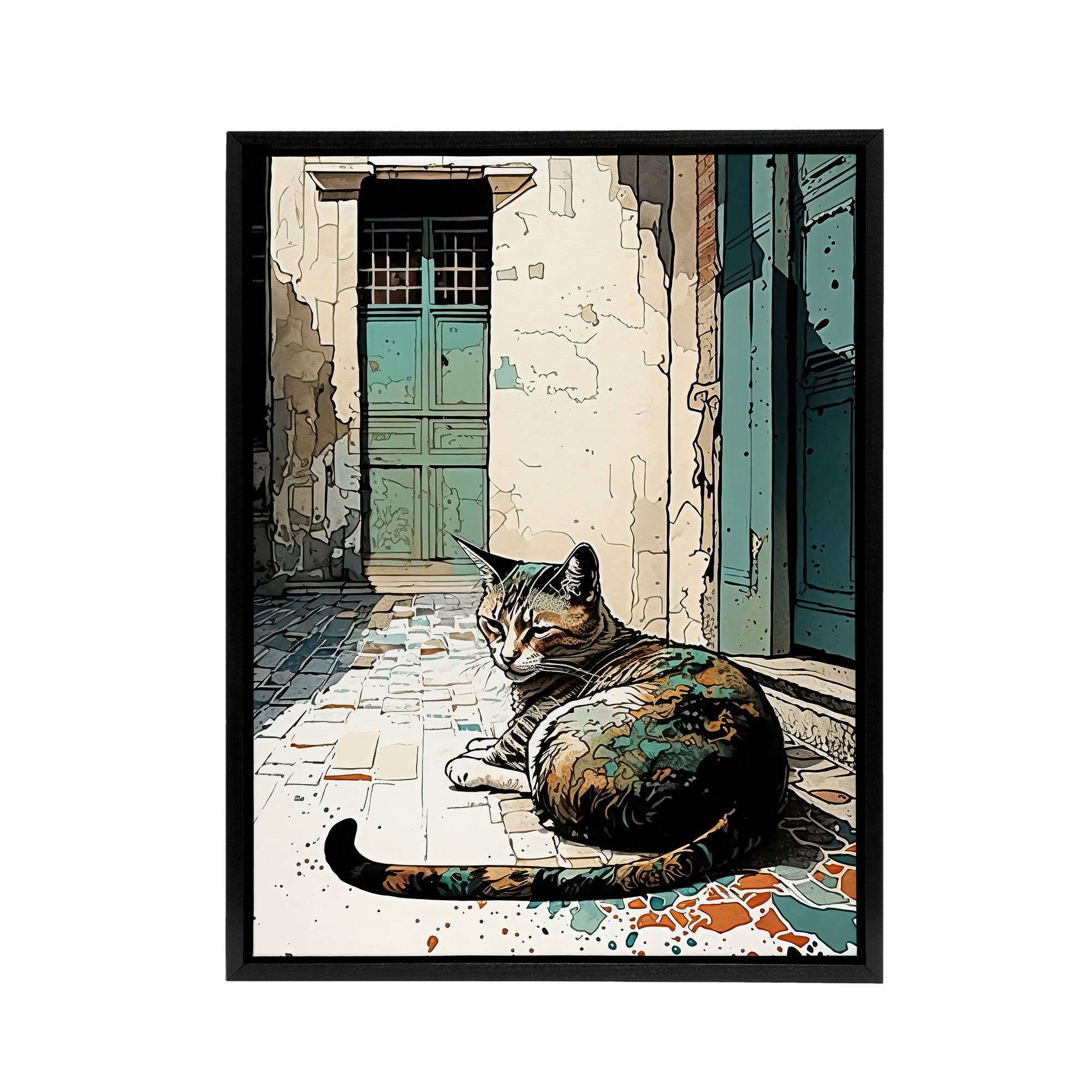 Street Cat Sunbathing On Cobblestone Framed Canvas Wall Art Print
