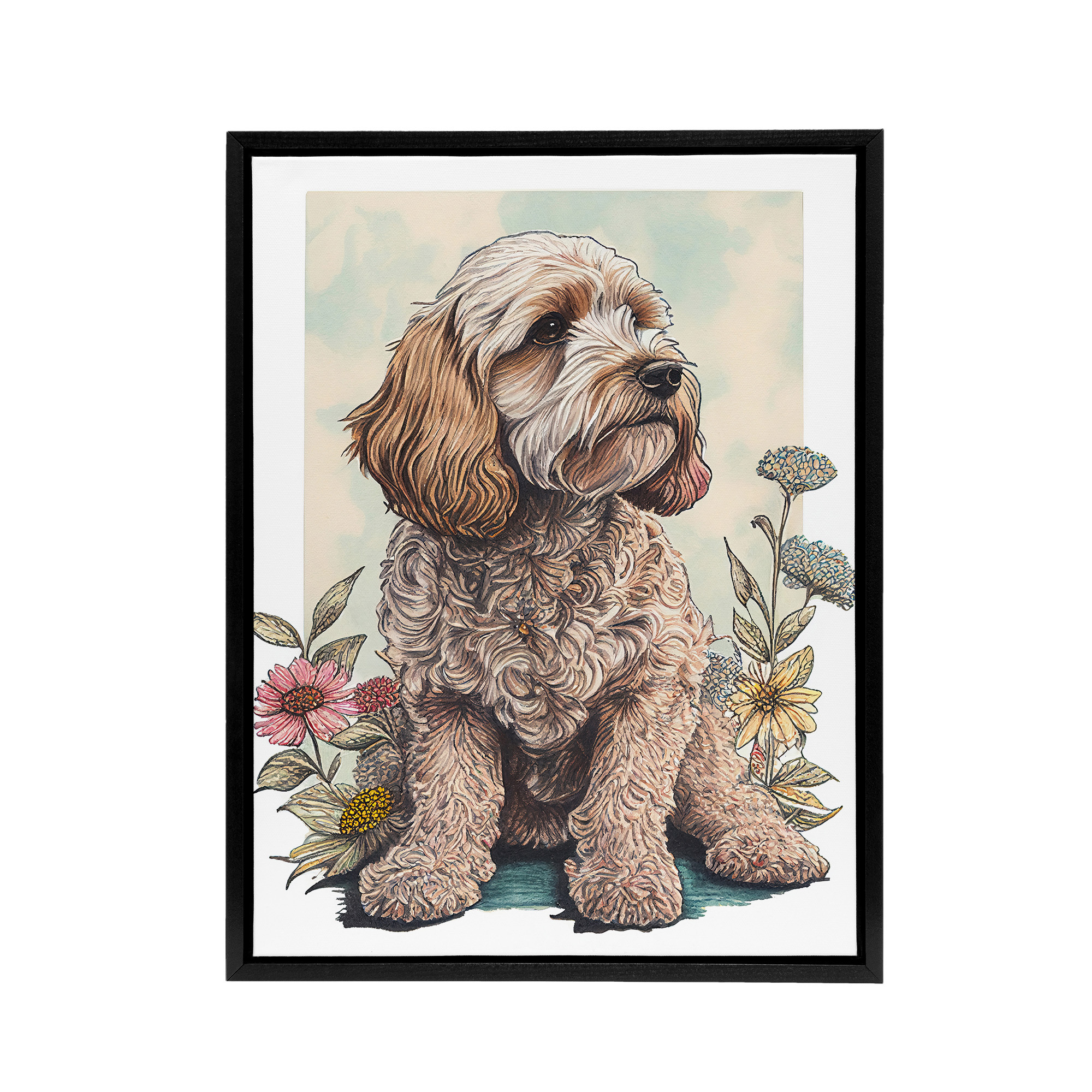 Cockapoo Dog With Spring Wildflowers Framed Canvas Wall Art Print