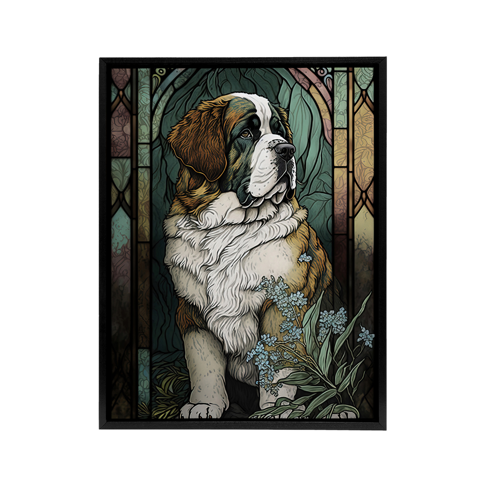 St Bernard Dog Floral Modern Art Nouveau Framed Canvas Wall Art Print