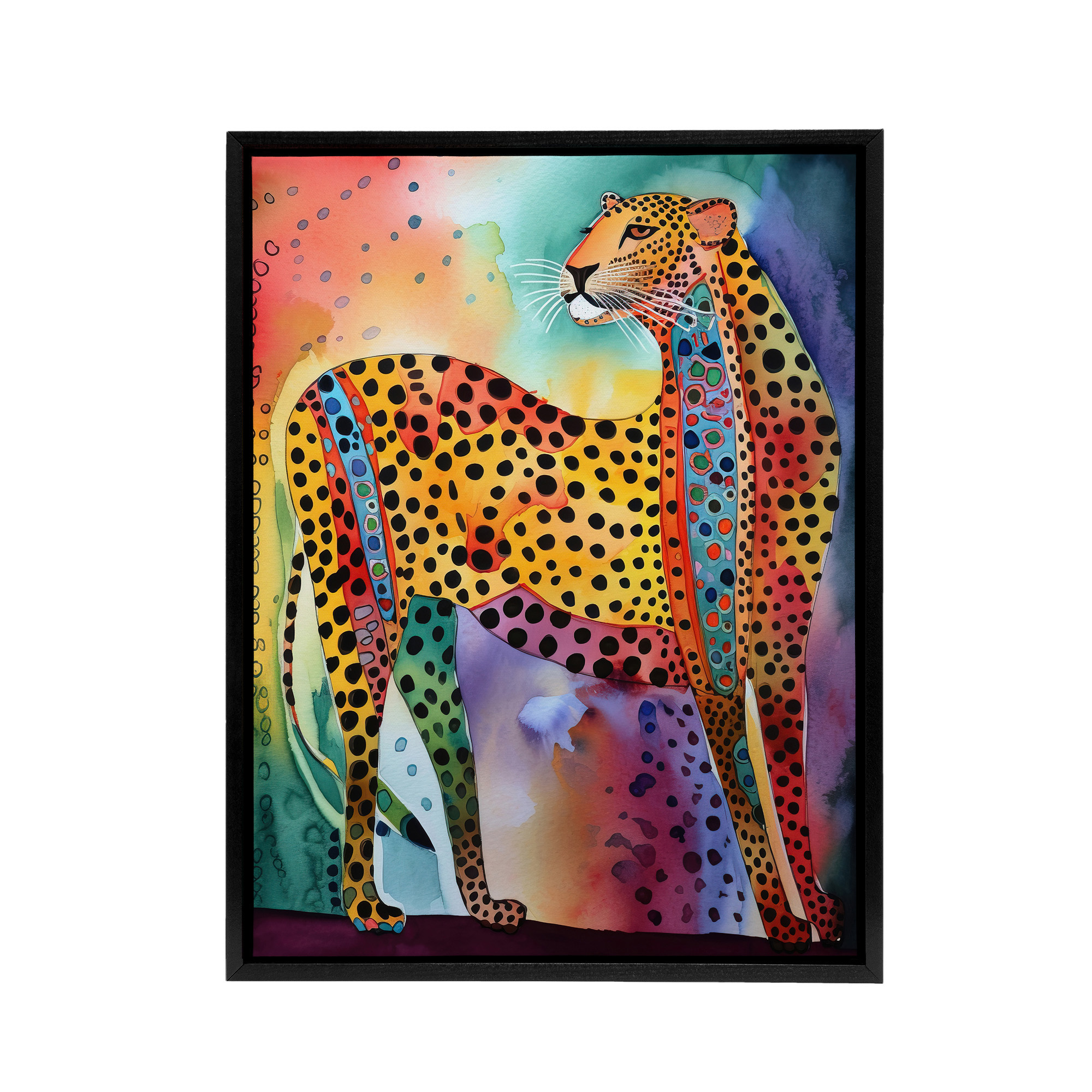 Colourful Cheetah Folk Art Watercolour Framed Canvas Wall Art Print