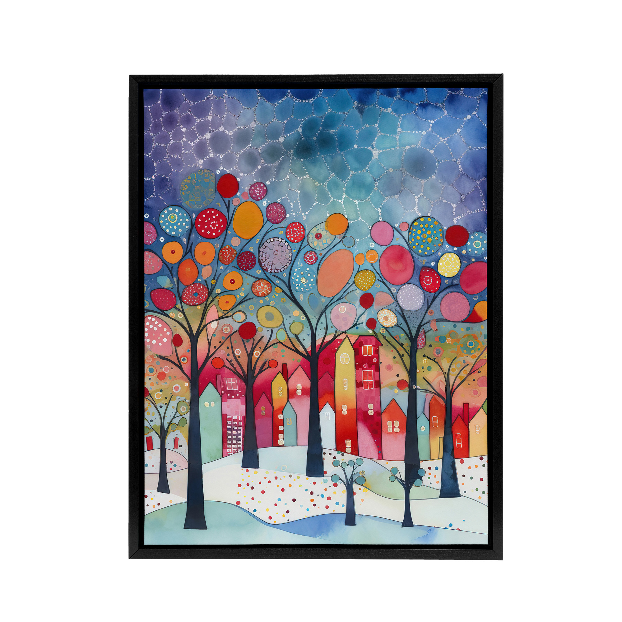 Winter Abstract Village Folk Art Framed Canvas Wall Art Print