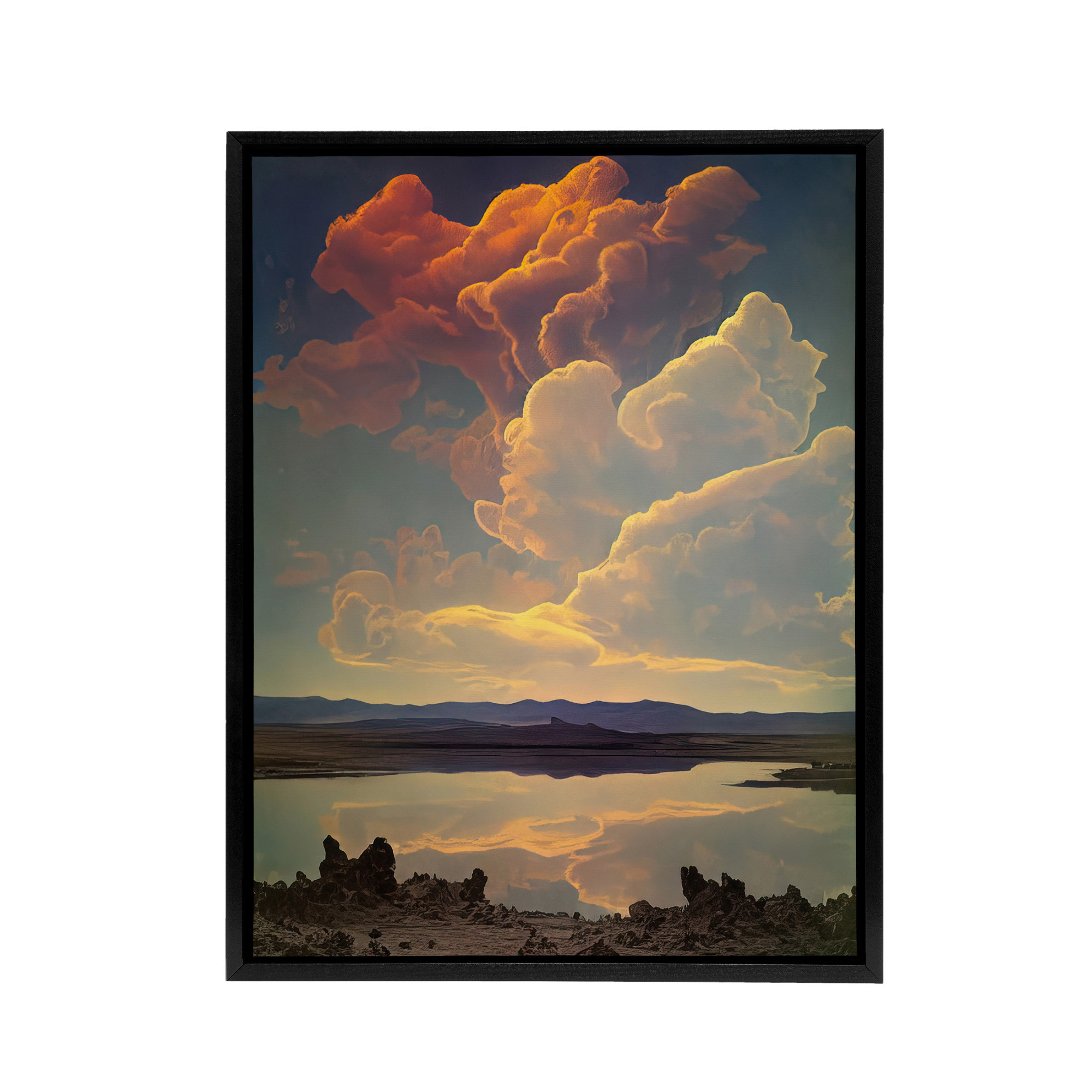 Vintage Style Atmospheric Clouds Over Lake Framed Canvas Wall Art Print