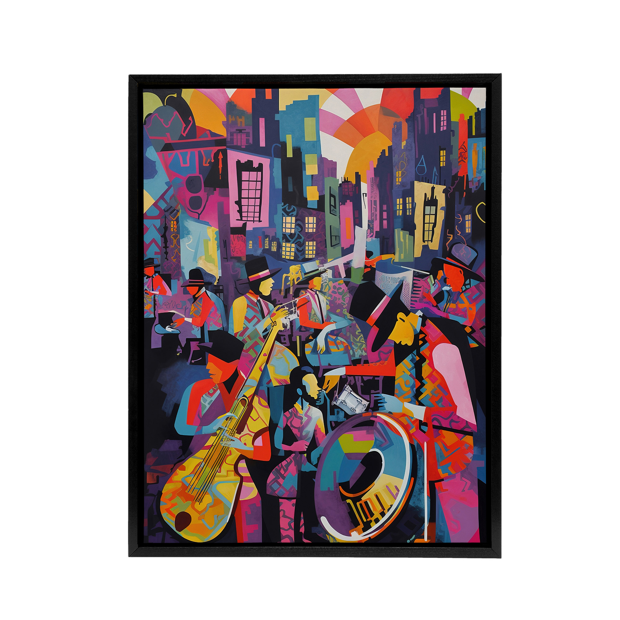 Abstract New Orleans Jazz Festival Musicians Framed Canvas Wall Art Print
