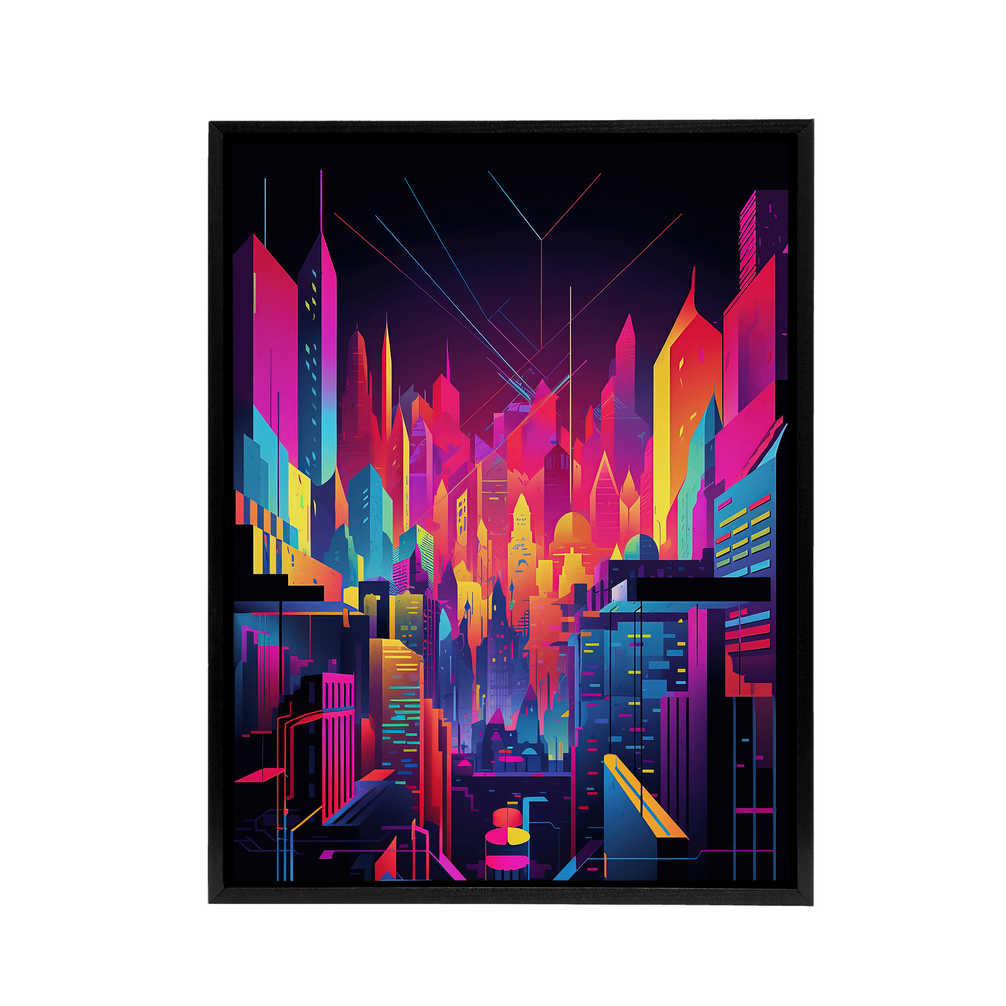 Neon Colour Abstract Cityscape Framed Canvas Wall Art Print