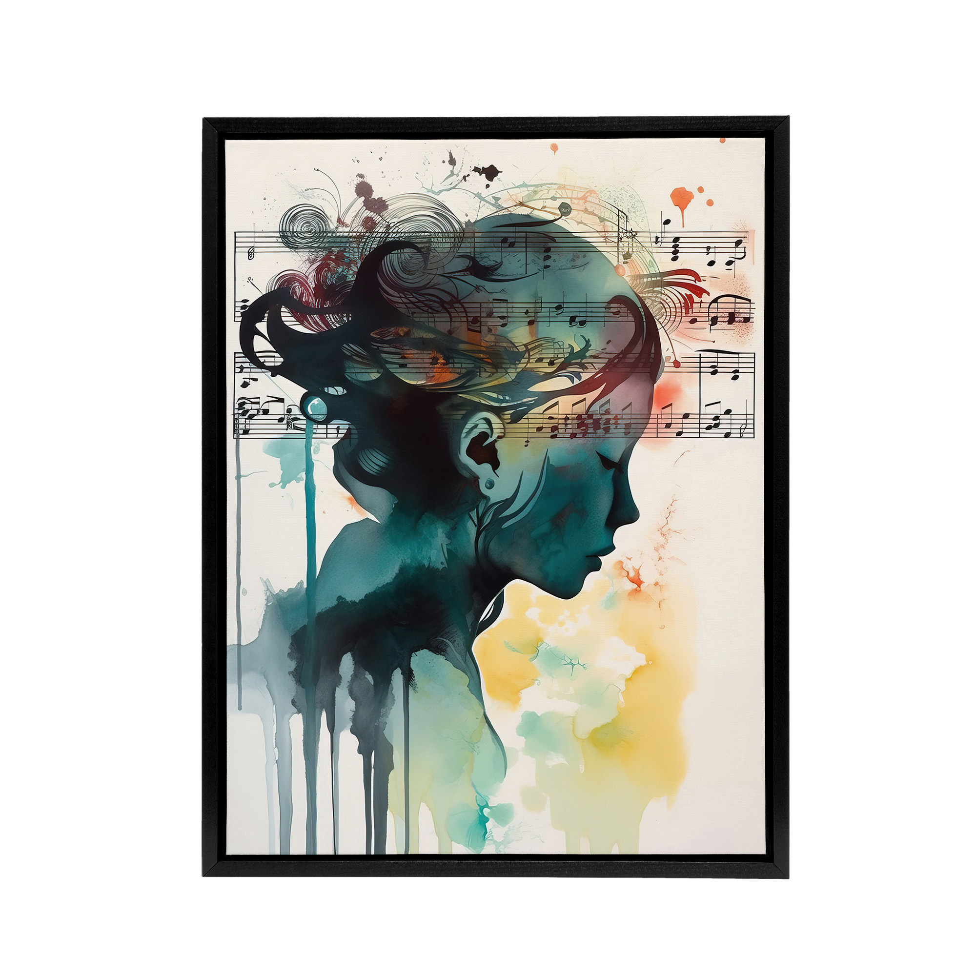 Woman Watercolour Portrait With Music Notes Framed Canvas Wall Art Print