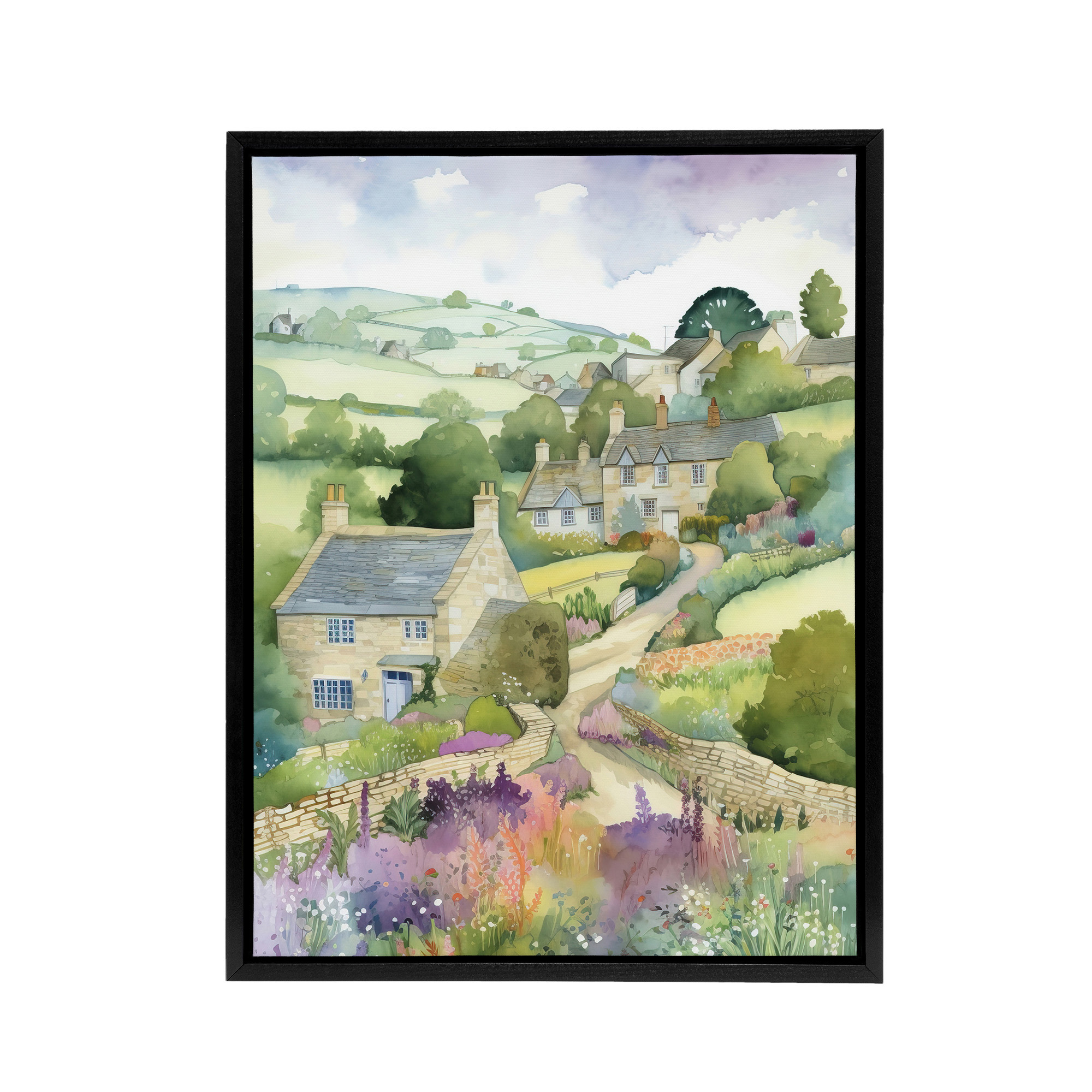 Countryside Landscape With Cottages Framed Canvas Wall Art Print