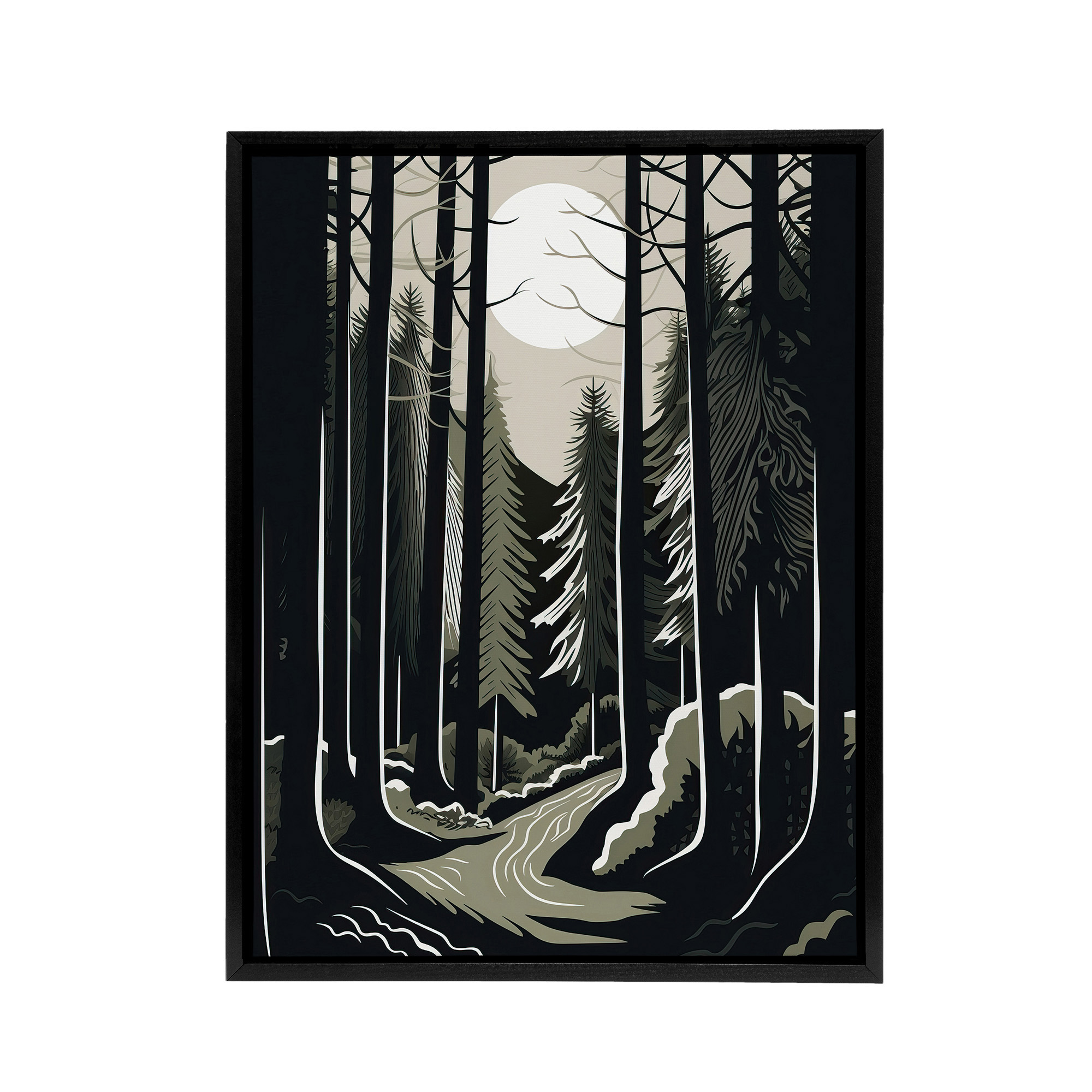 Full Moon Over Forest Landscape Framed Canvas Wall Art Print