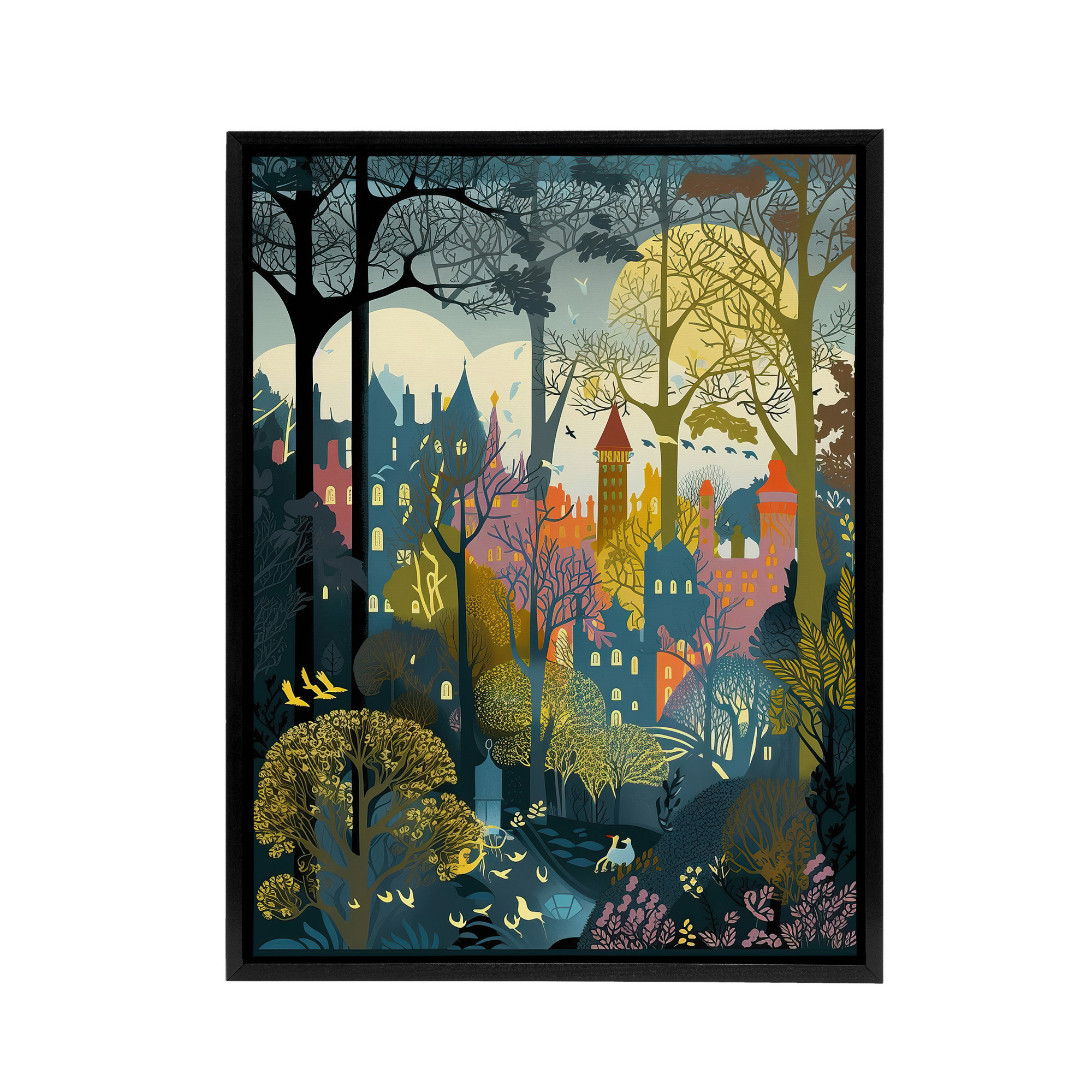 Village Through Sherwood Forest Folk Art Framed Canvas Wall Art Print