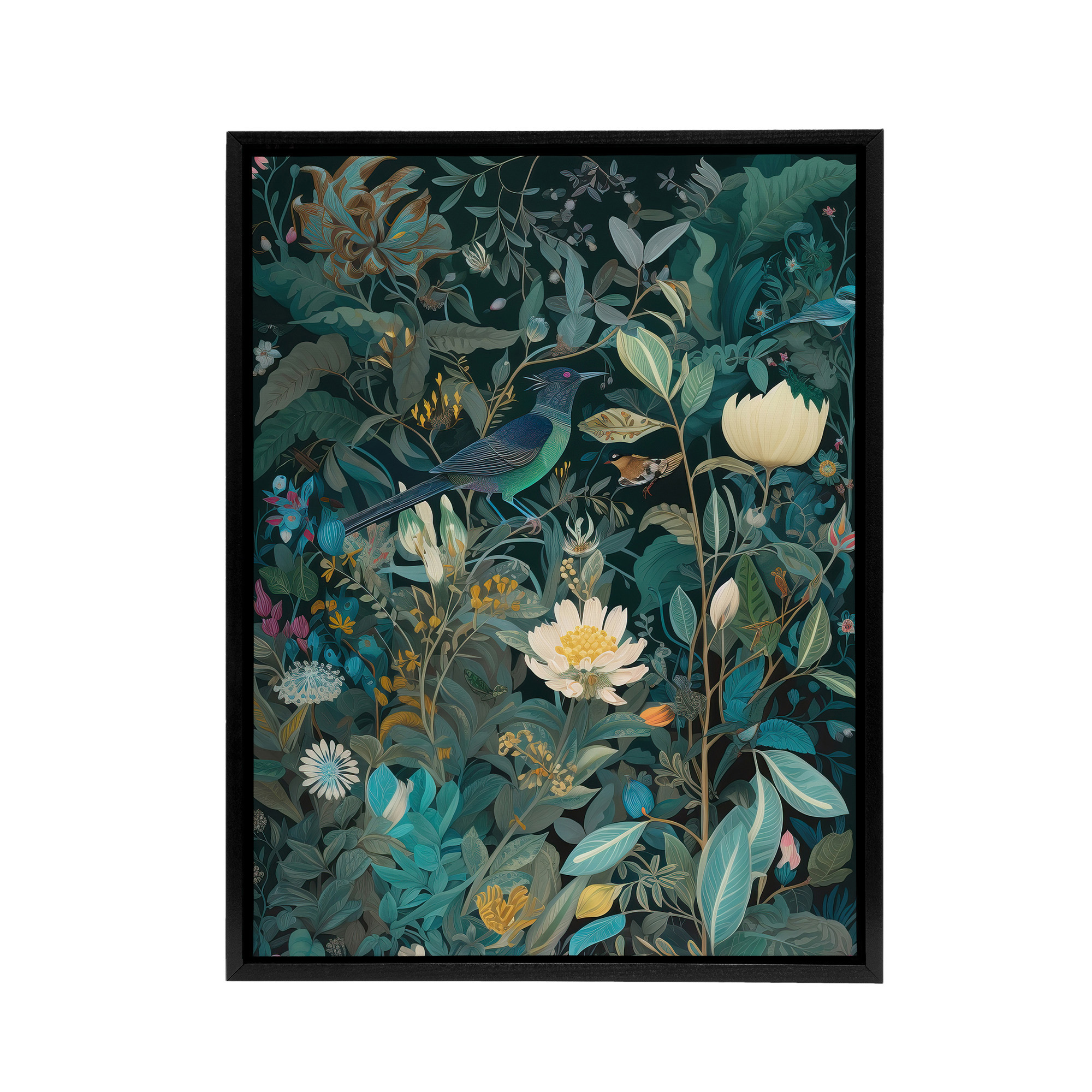 Birds in Blooming Wildflower Field Framed Canvas Wall Art Print