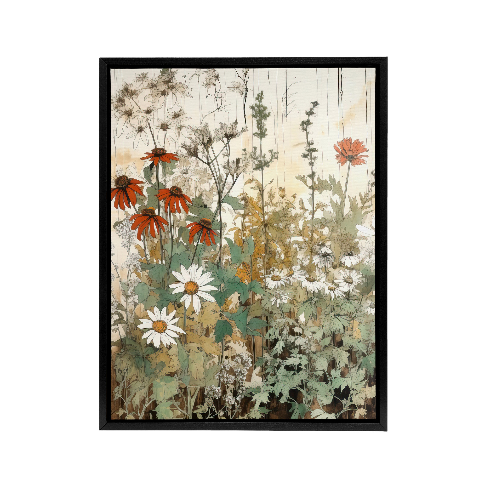 Daisy Wildflowers Vintage Watercolour Framed Canvas Wall Art Print