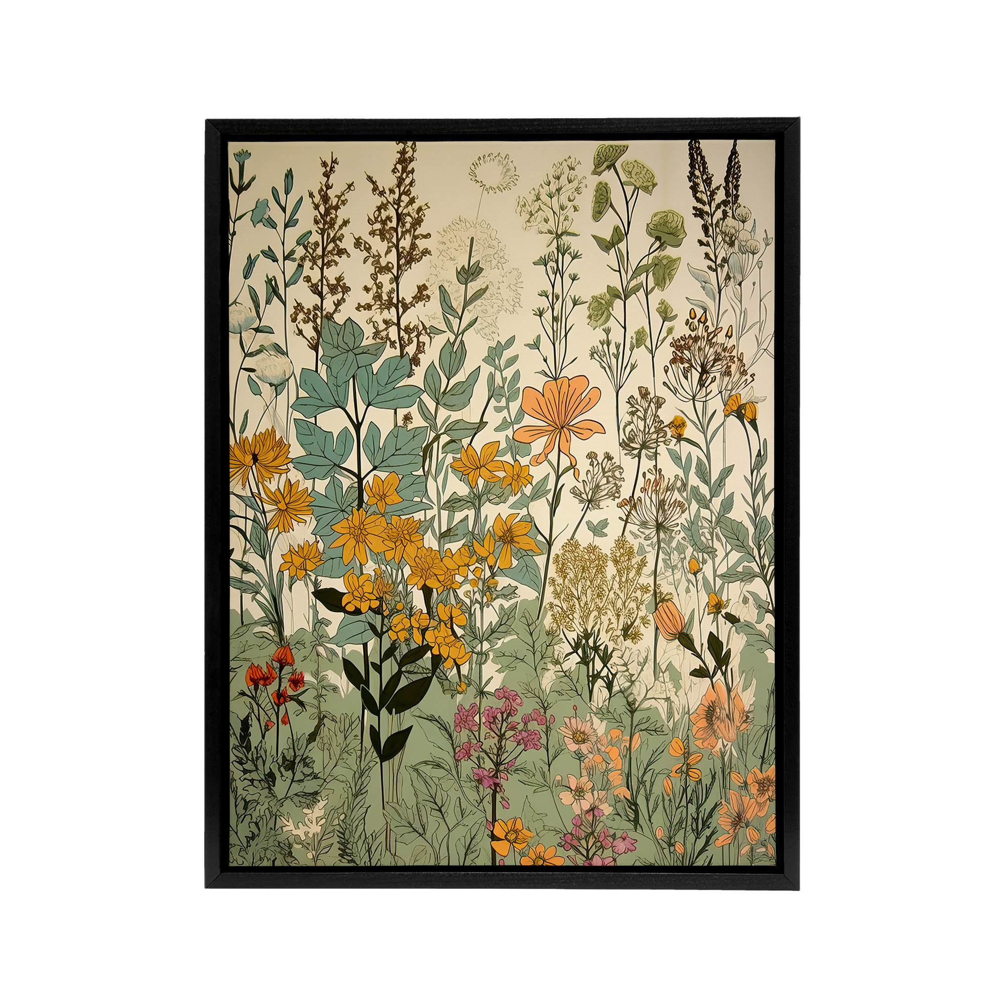Wildflower Field Vintage Botanical Framed Canvas Wall Art Print