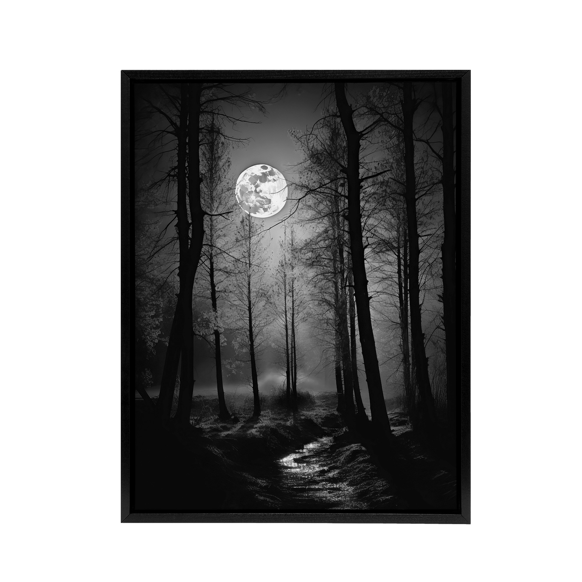 Full Moon Over Misty Forest Landscape Framed Canvas Wall Art Print