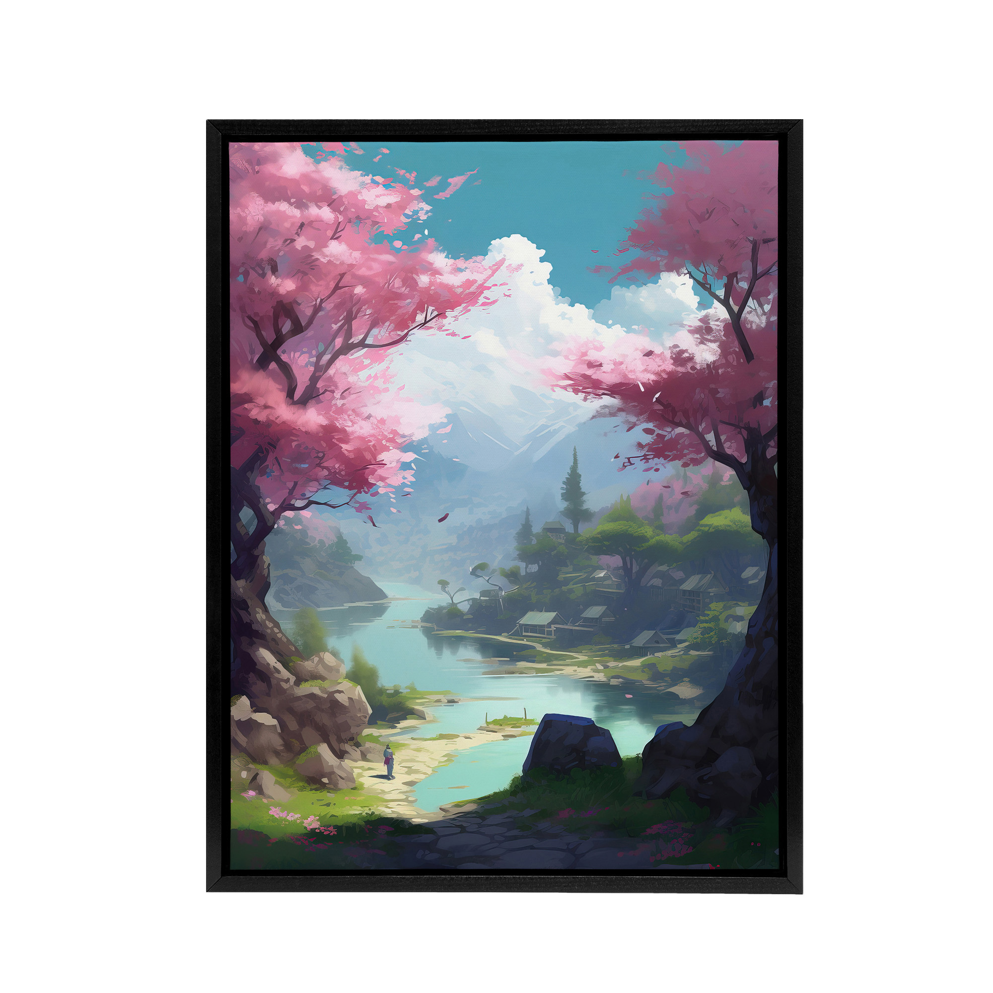 Cherry Blossoms In Forest Lake Landscape Framed Canvas Wall Art Print