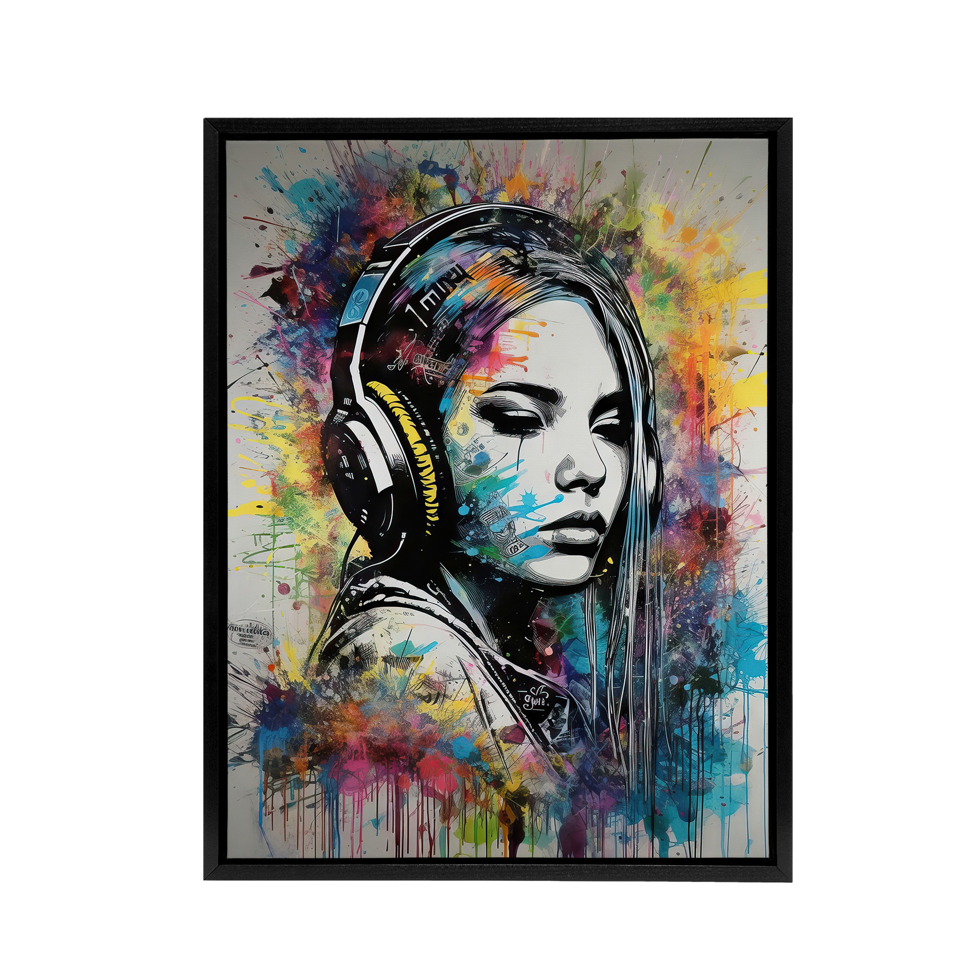 Girl With Headphones Music Paint Splat Framed Canvas Wall Art Print