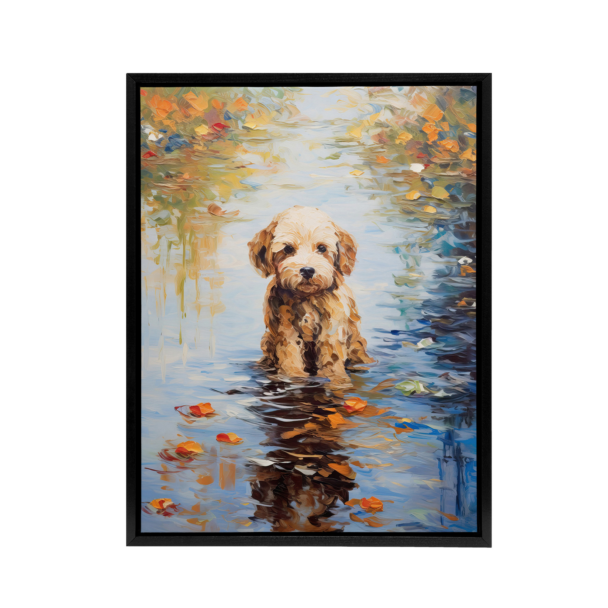 Cockapoo Dog And Autumn Leaves In Lake Framed Canvas Wall Art Print