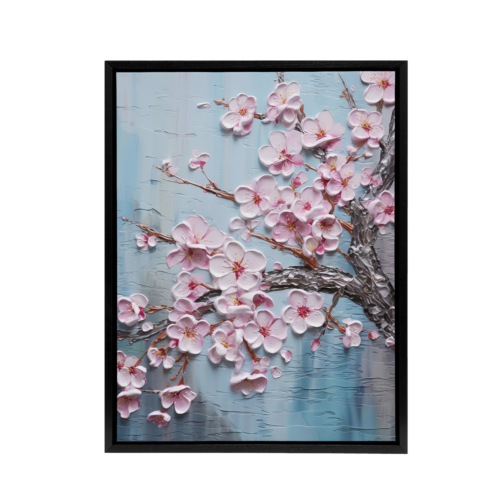 Cherry Blossoms Thick Paint Flowers Framed Canvas Wall Art Print