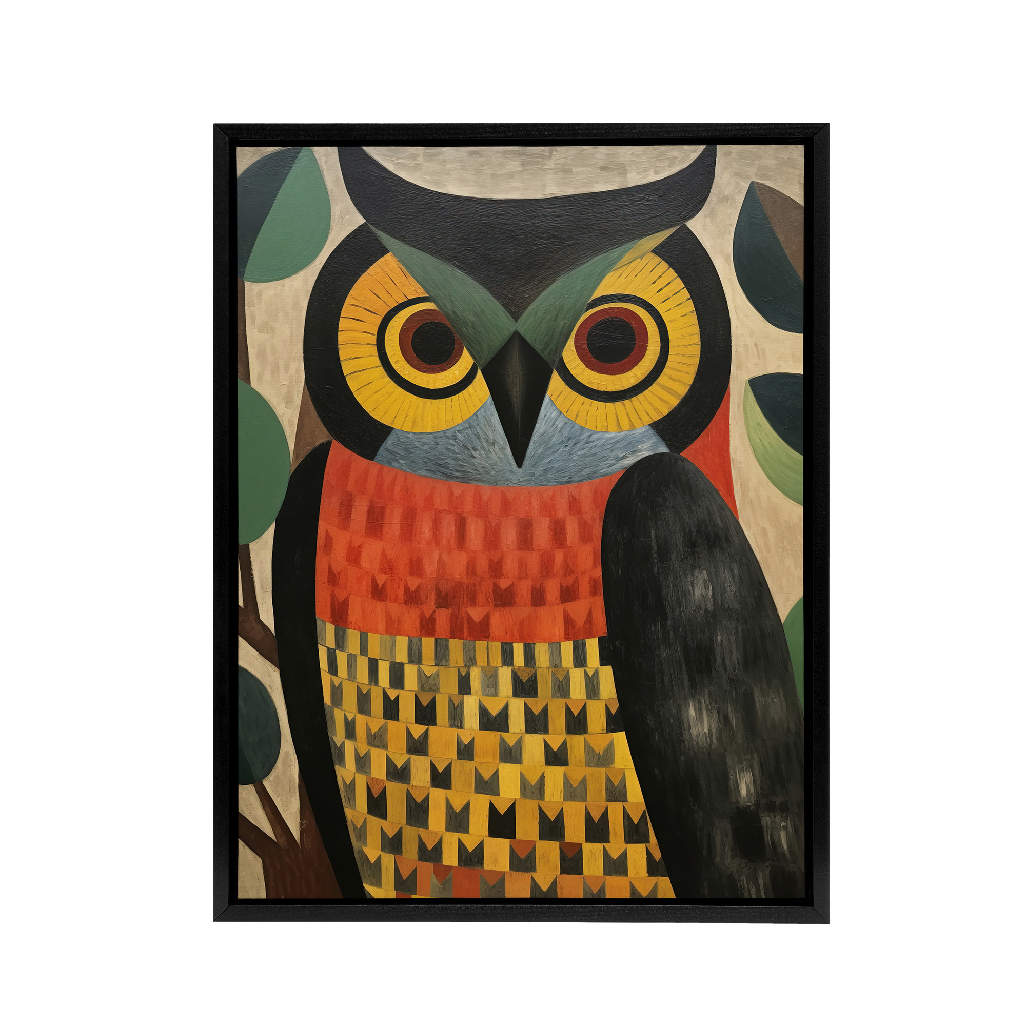 Folk Art Geometric Owl Framed Canvas Wall Art Print