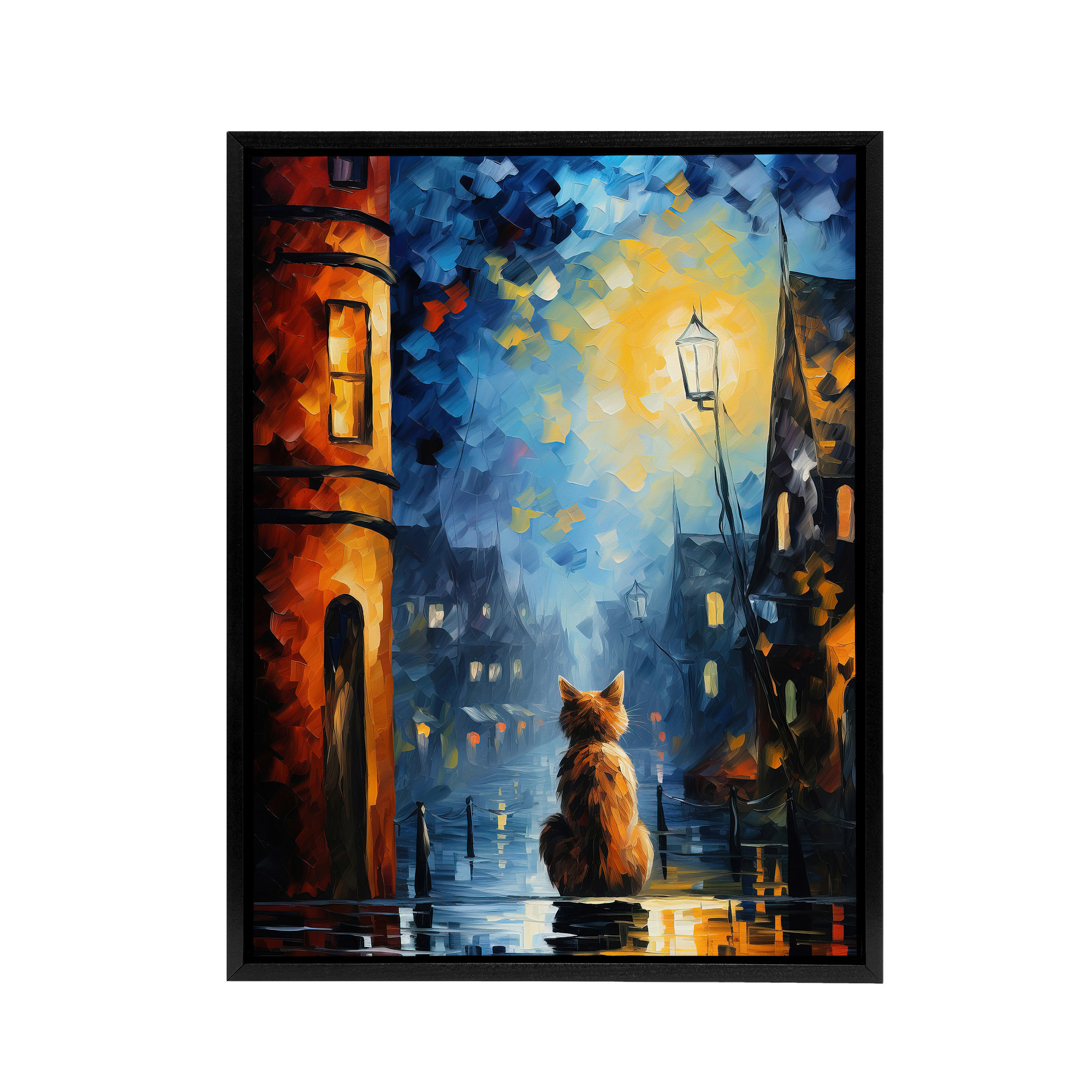Ginger Cat Under Street Lamp at Night Framed Canvas Wall Art Print