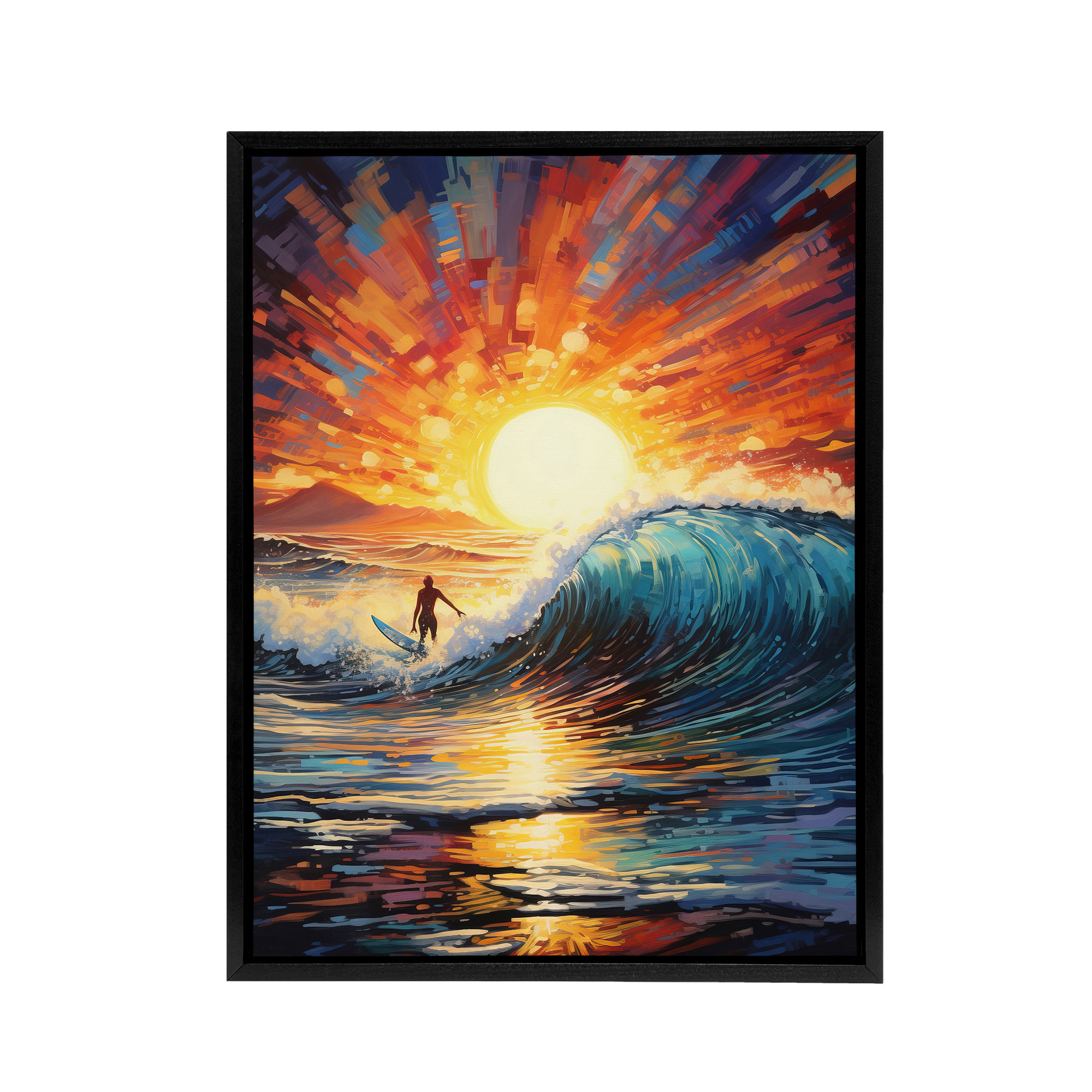 Sunset Surfing Surfer Riding Waves Framed Canvas Wall Art Print