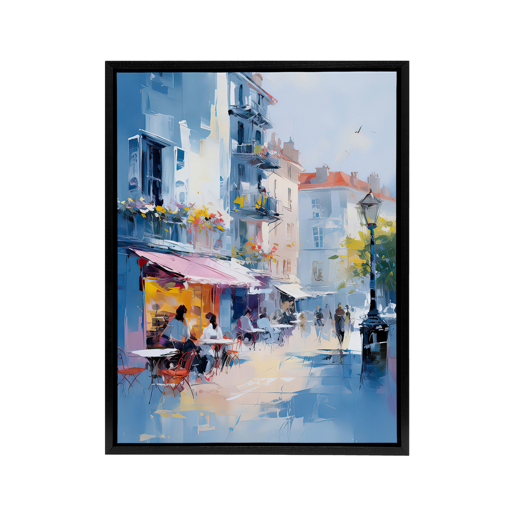 Cafe Street In Paris Framed Canvas Abstract Wall Art Print