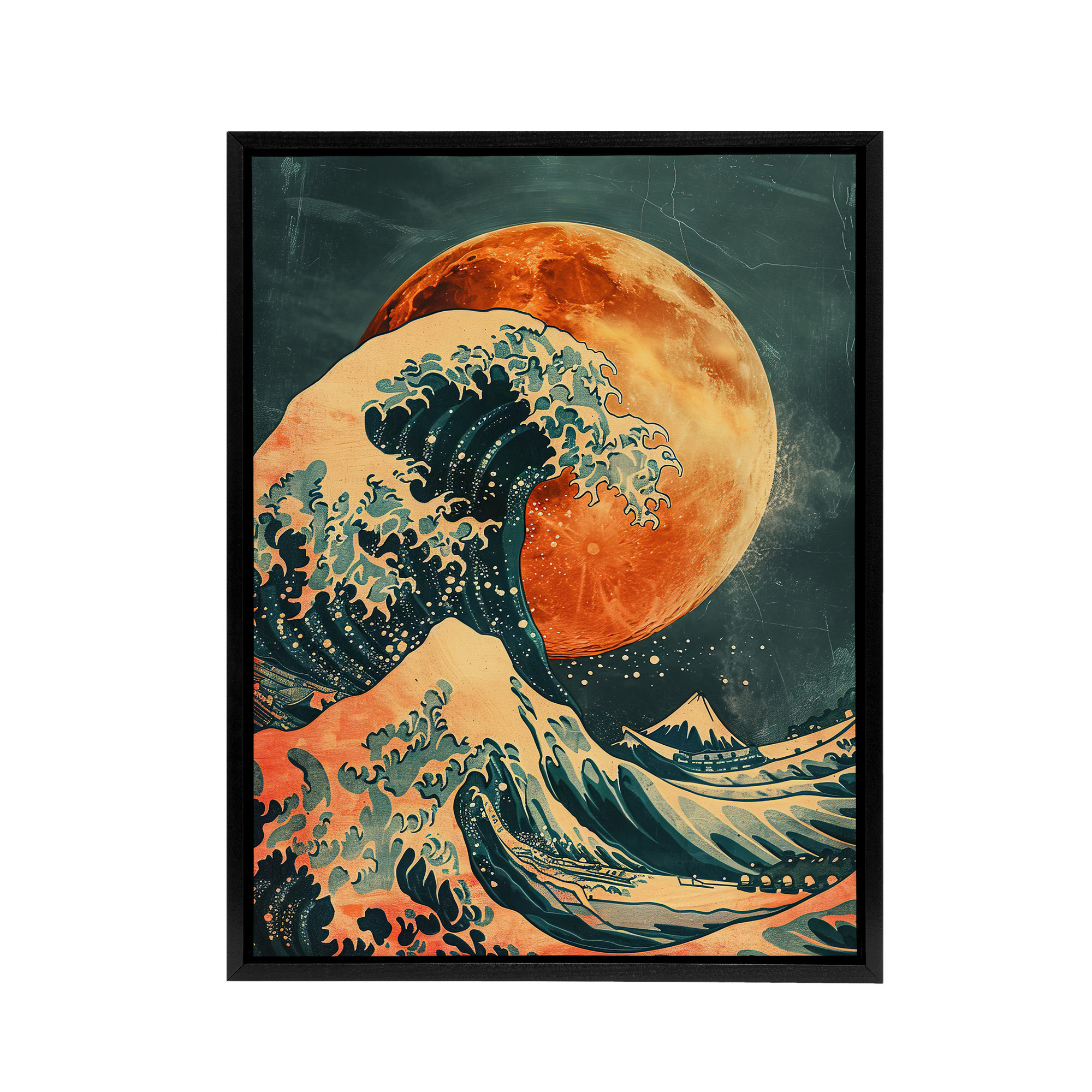 Full Moon Japanese Great Wave Framed Canvas Wall Art Print