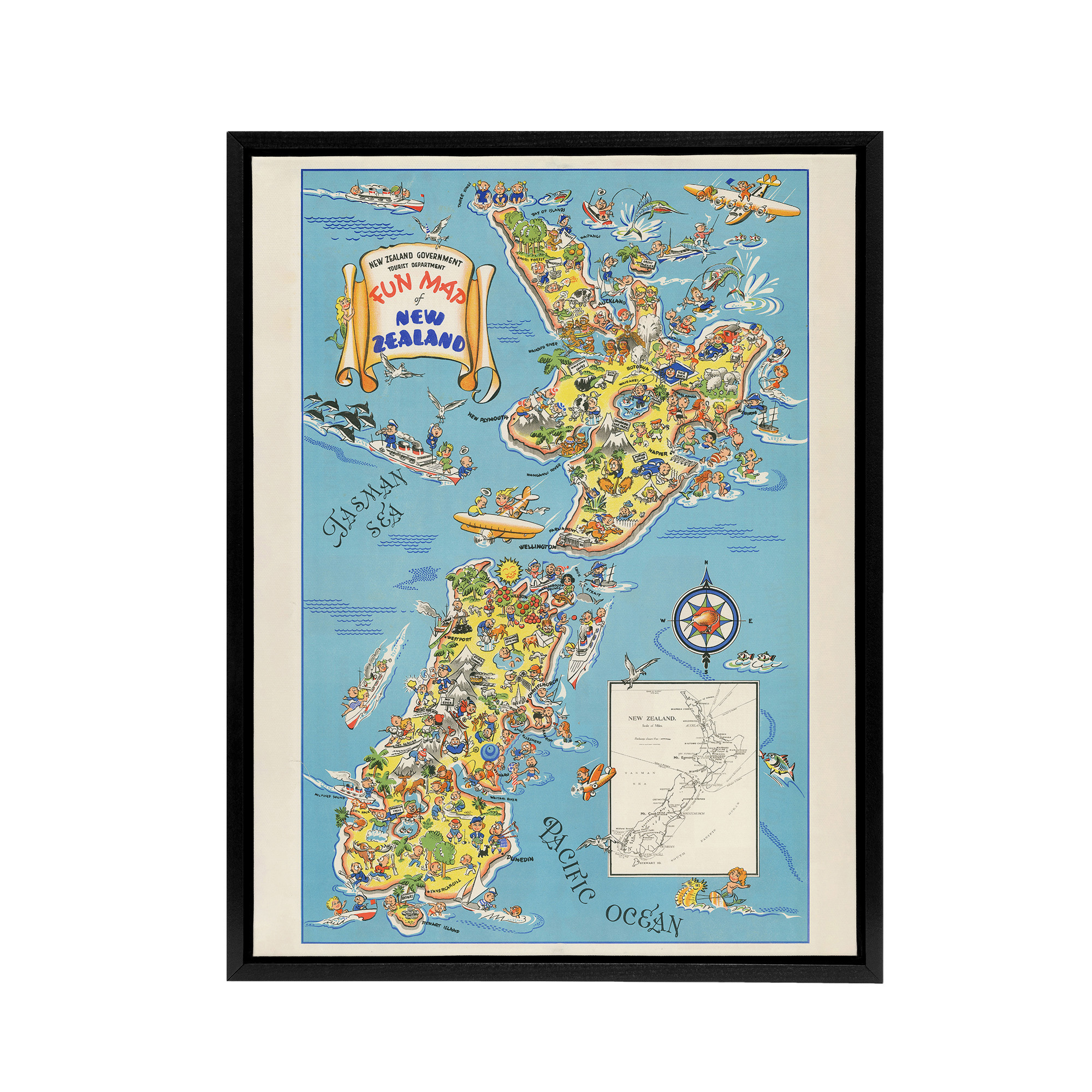 1938 Fun Pictorial Map Of New Zealand Framed Canvas Wall Art Print