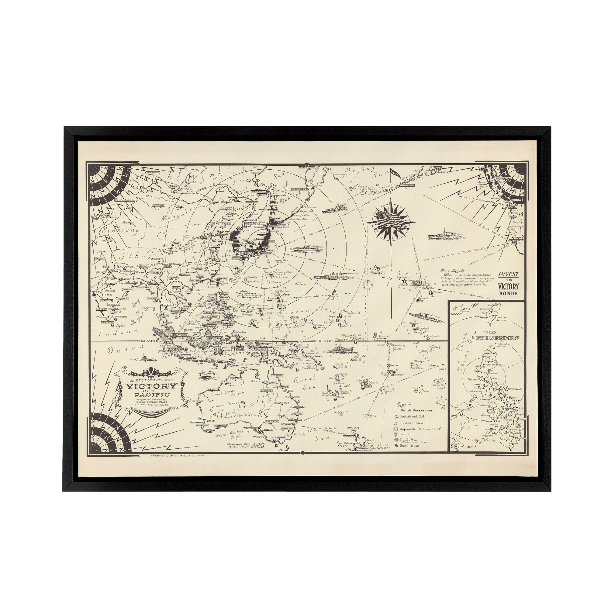 Map Ernest Dudley Chase 1944 Pacific Victory Framed Canvas Wall Art Print